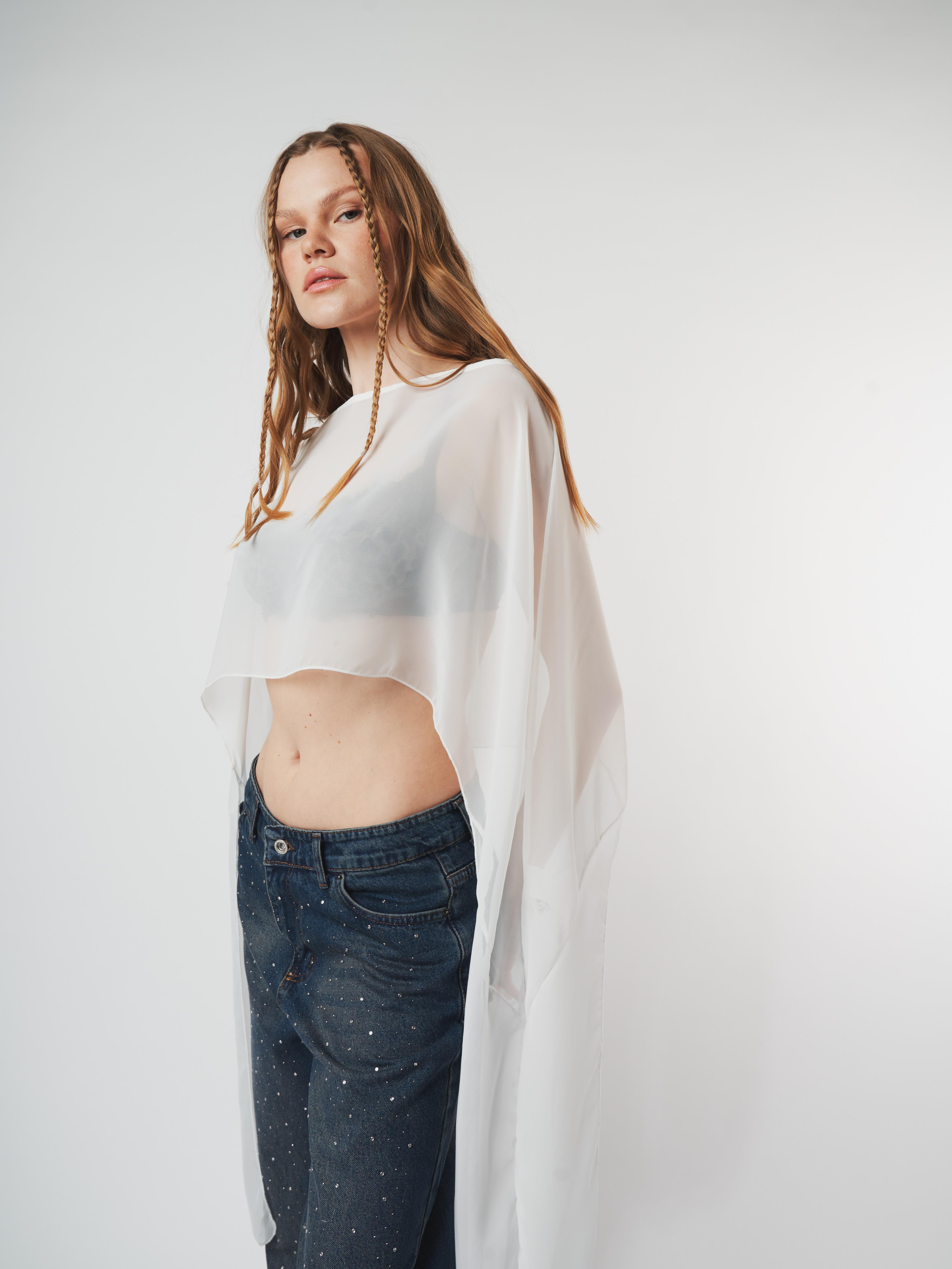 Uzun Kol Crop Tül Bluz Ekru