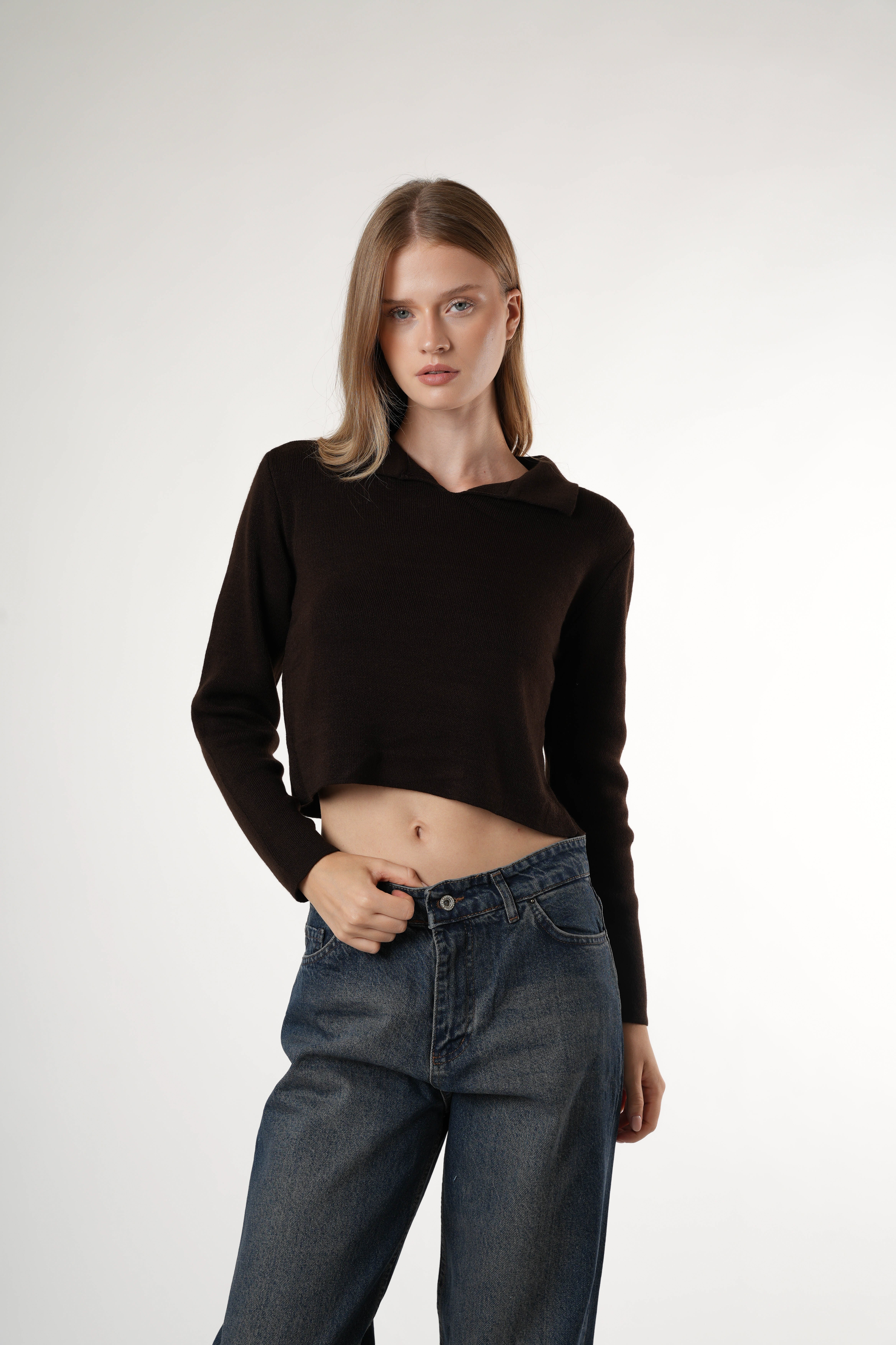 Yakalı Basic Uzun Kol Triko Acı Kahve