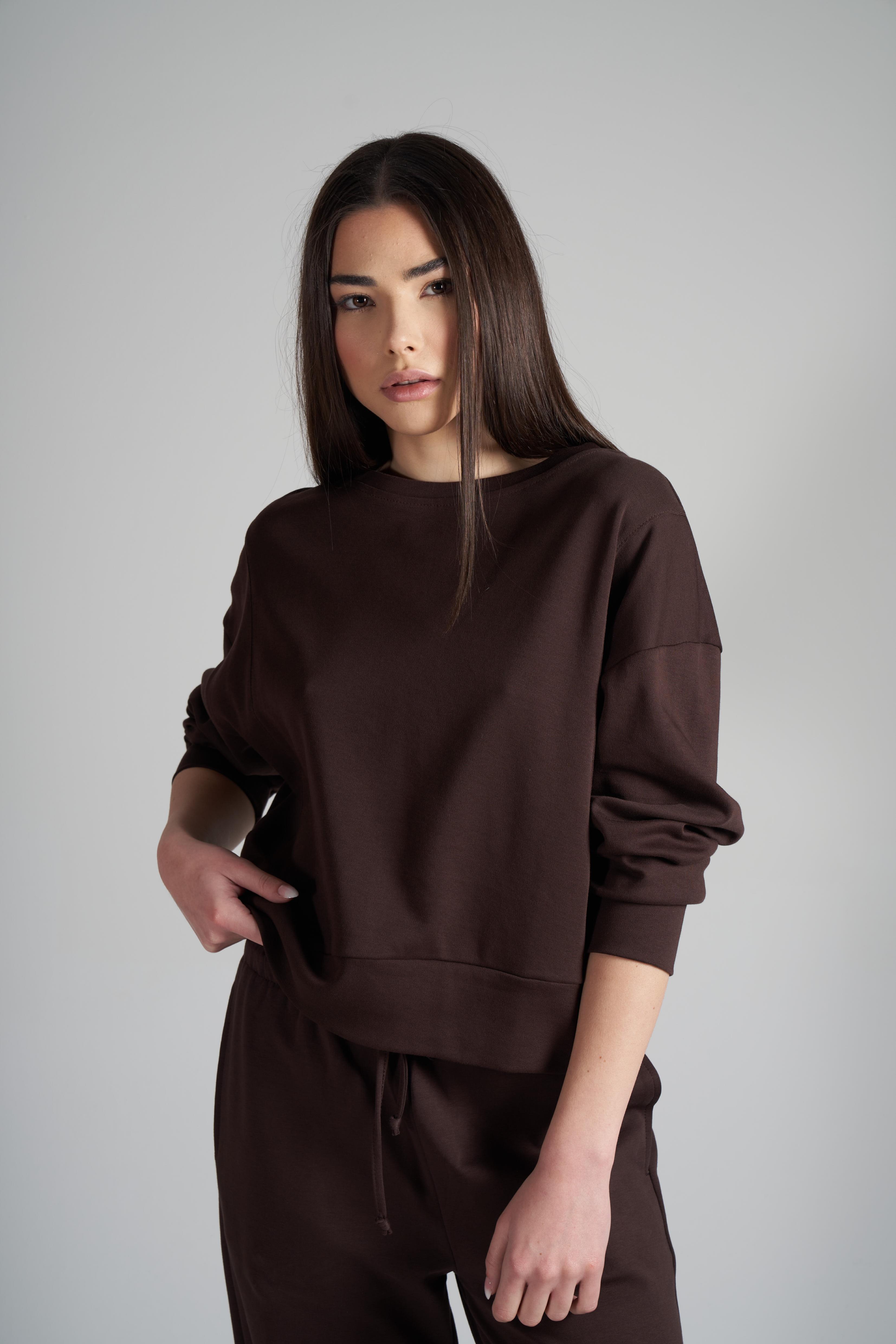 Yakalı Düşük Omuz İnterlok Sweatshirt Acı Kahve