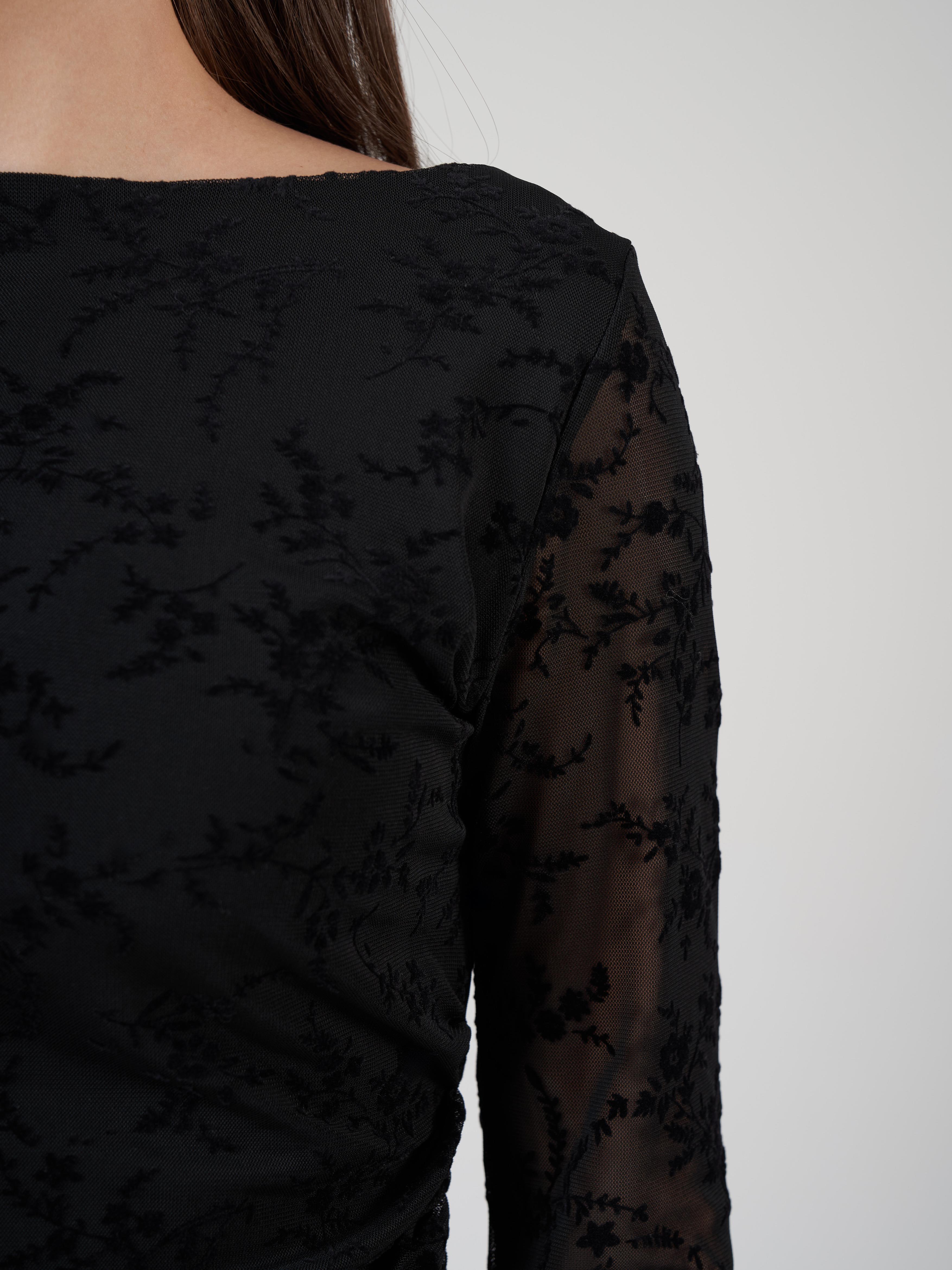 Yanlar Büzgülü Uzun Kol Tül Bluz Siyah