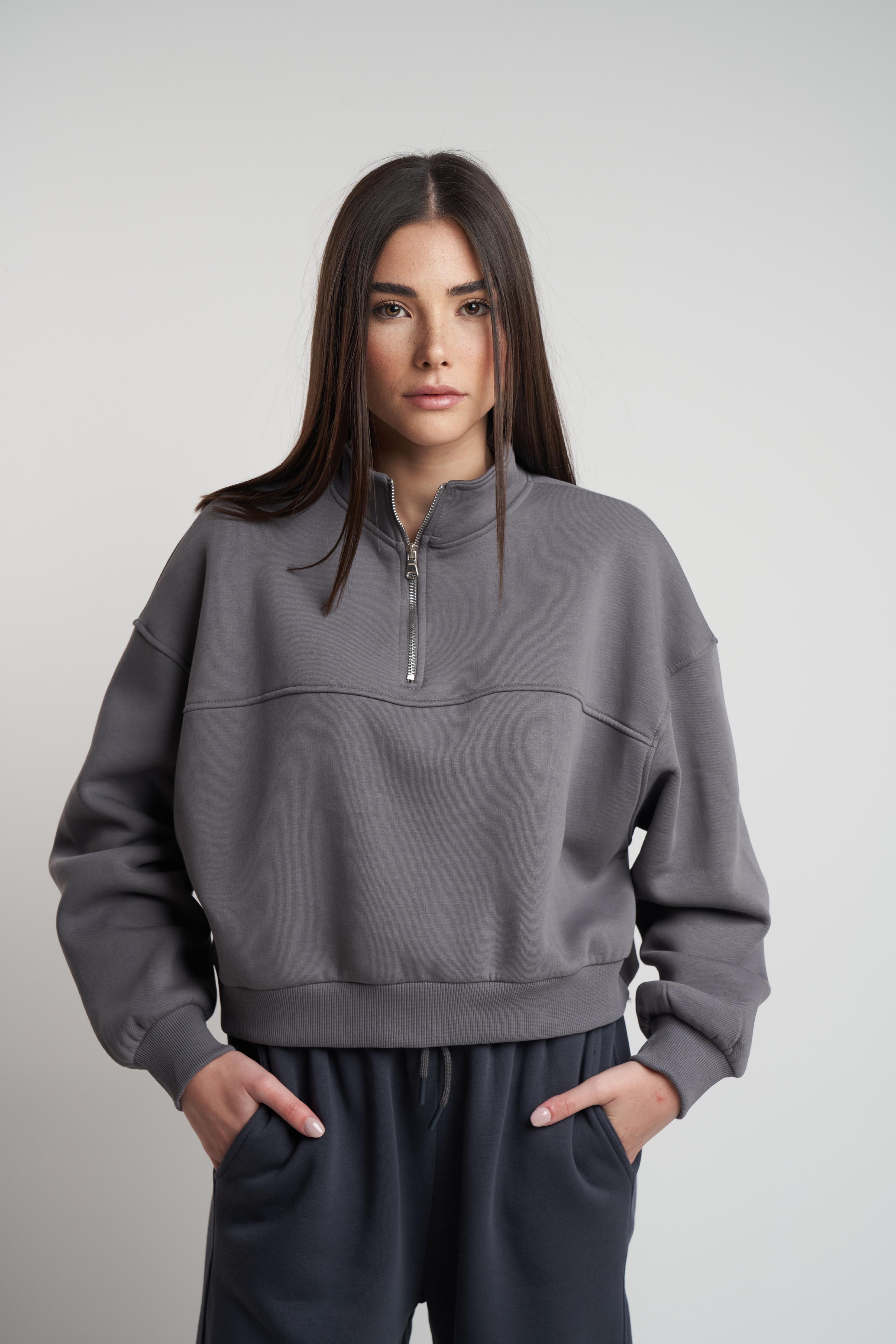 Yarım Fermuar Şardonlu Kısa Sweatshirt Gri