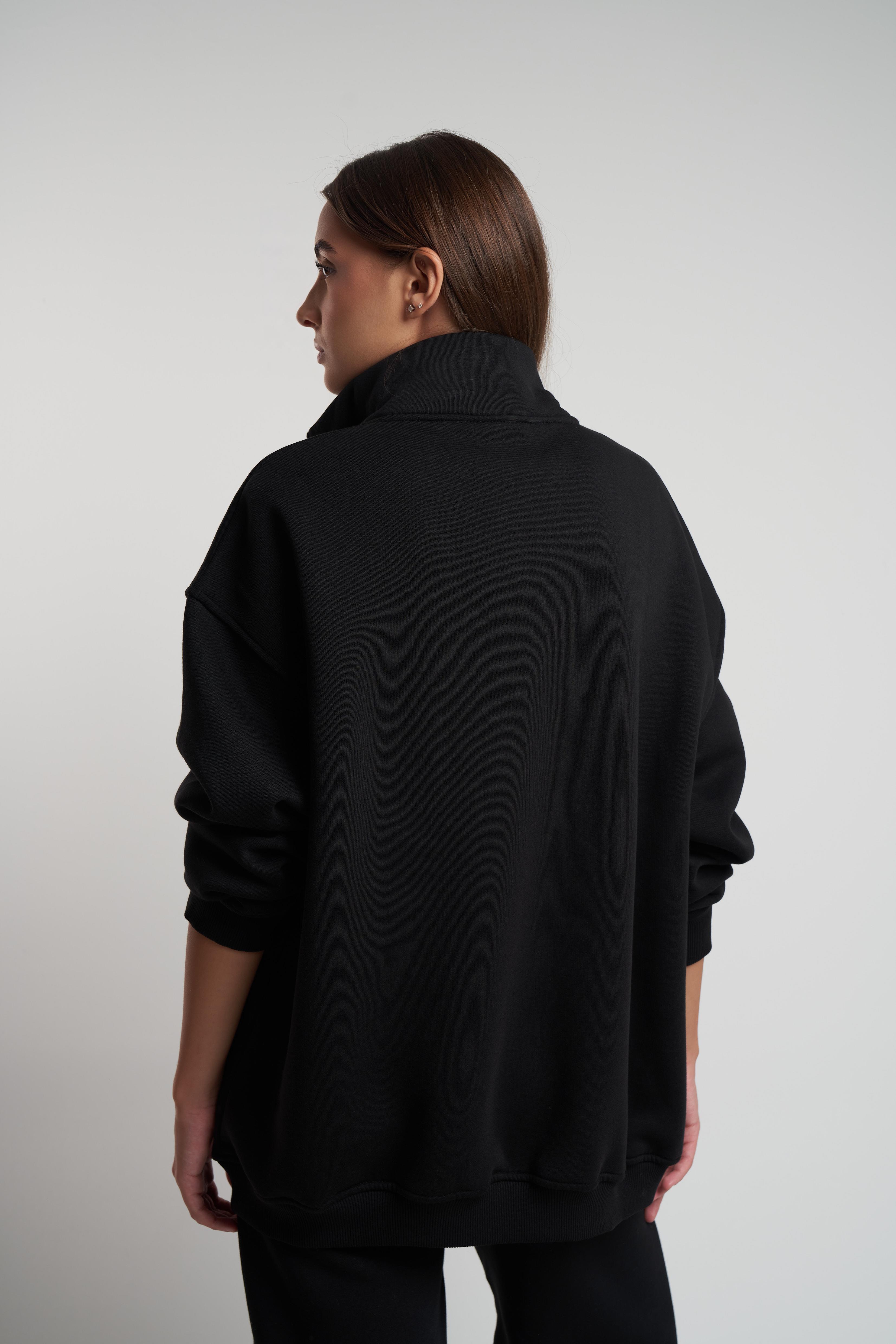 Yarım Fermuar Şardonlu Uzun Sweatshirt Siyah