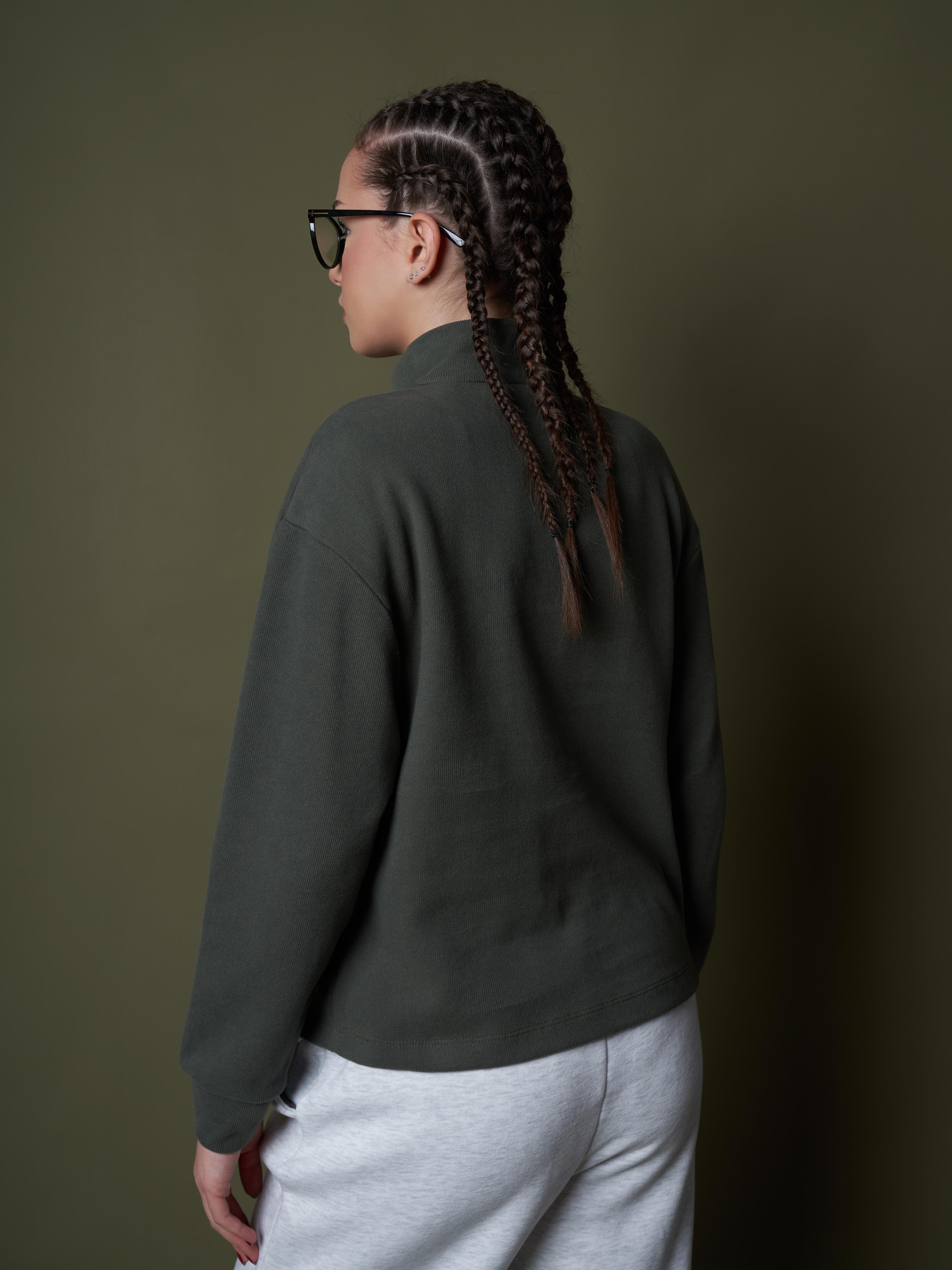 Yarım Fermuar Triko Sweatshirt Haki