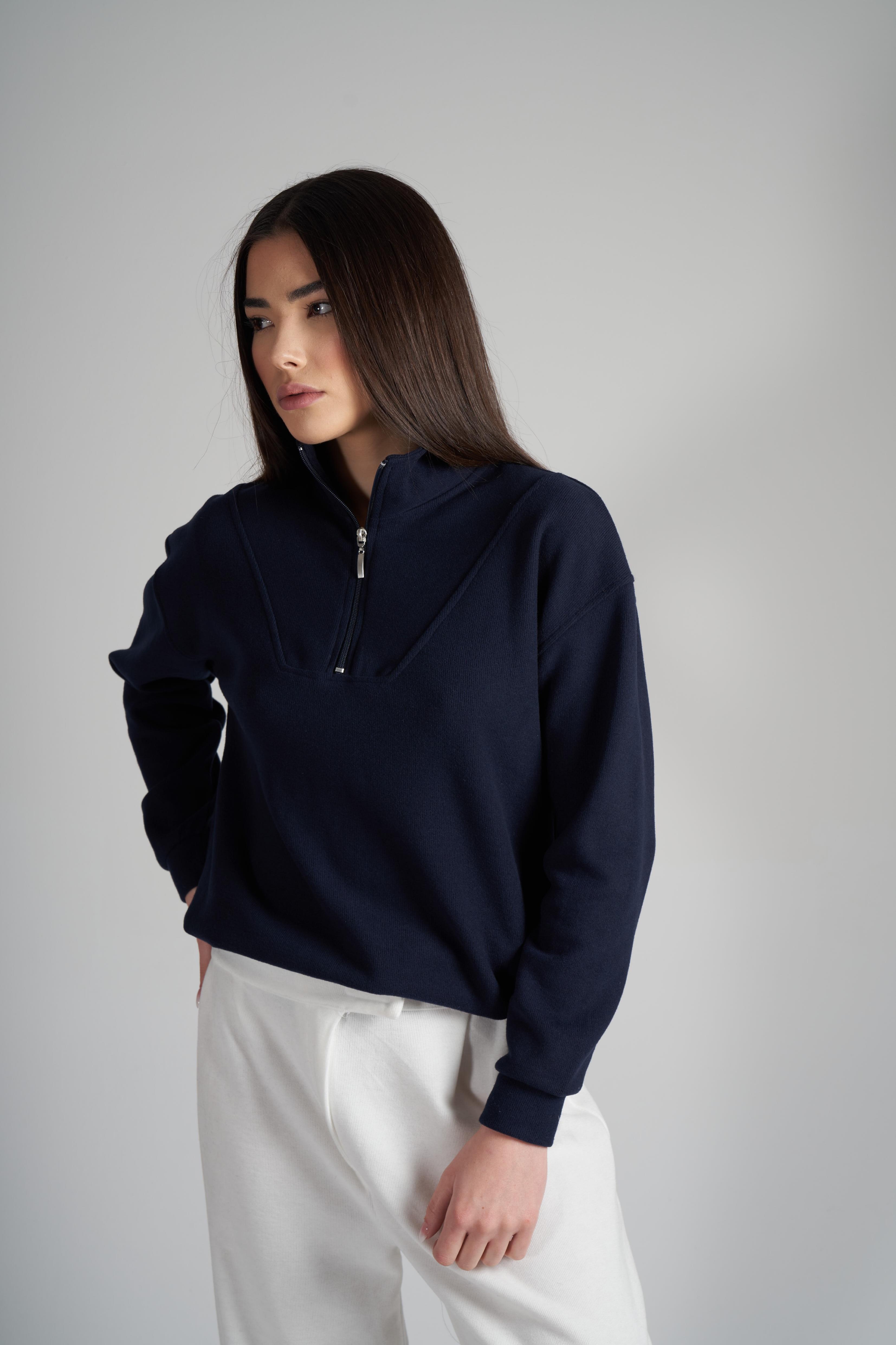 Yarım Fermuar Triko Sweatshirt Koyu Lacivert