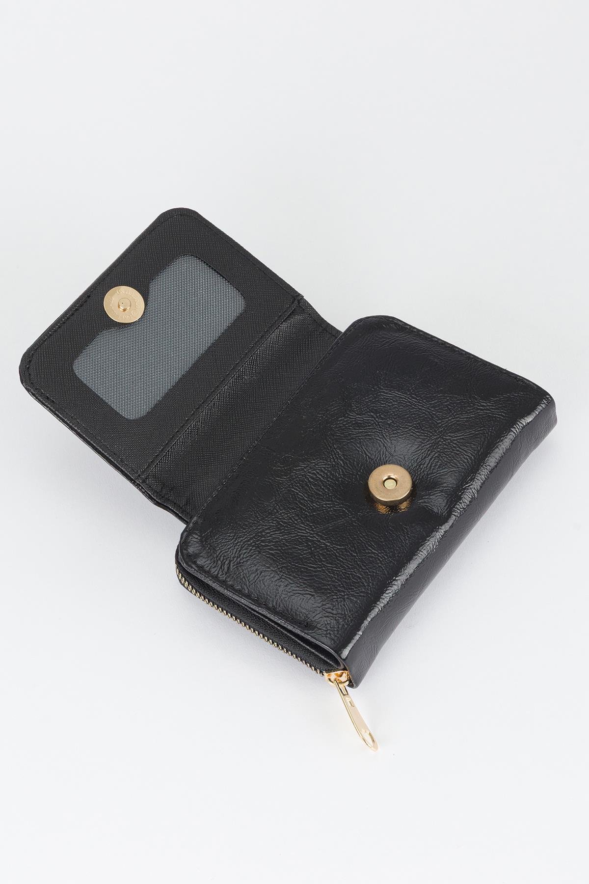 Yarım Kapaklı Parlak Suni Deri Cüzdan Siyah