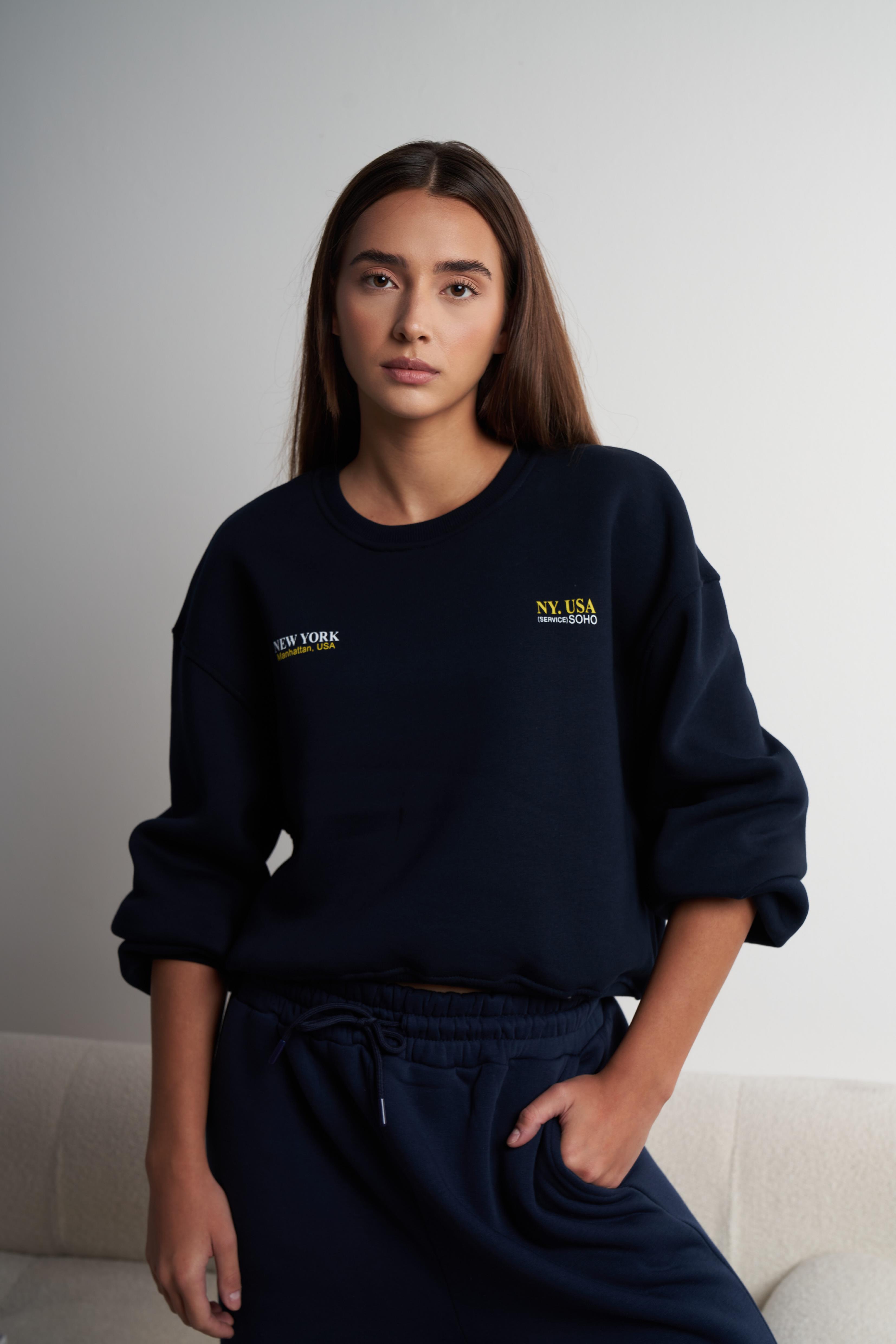Yazı Baskılı Şardonlu Sweatshirt Lacivert