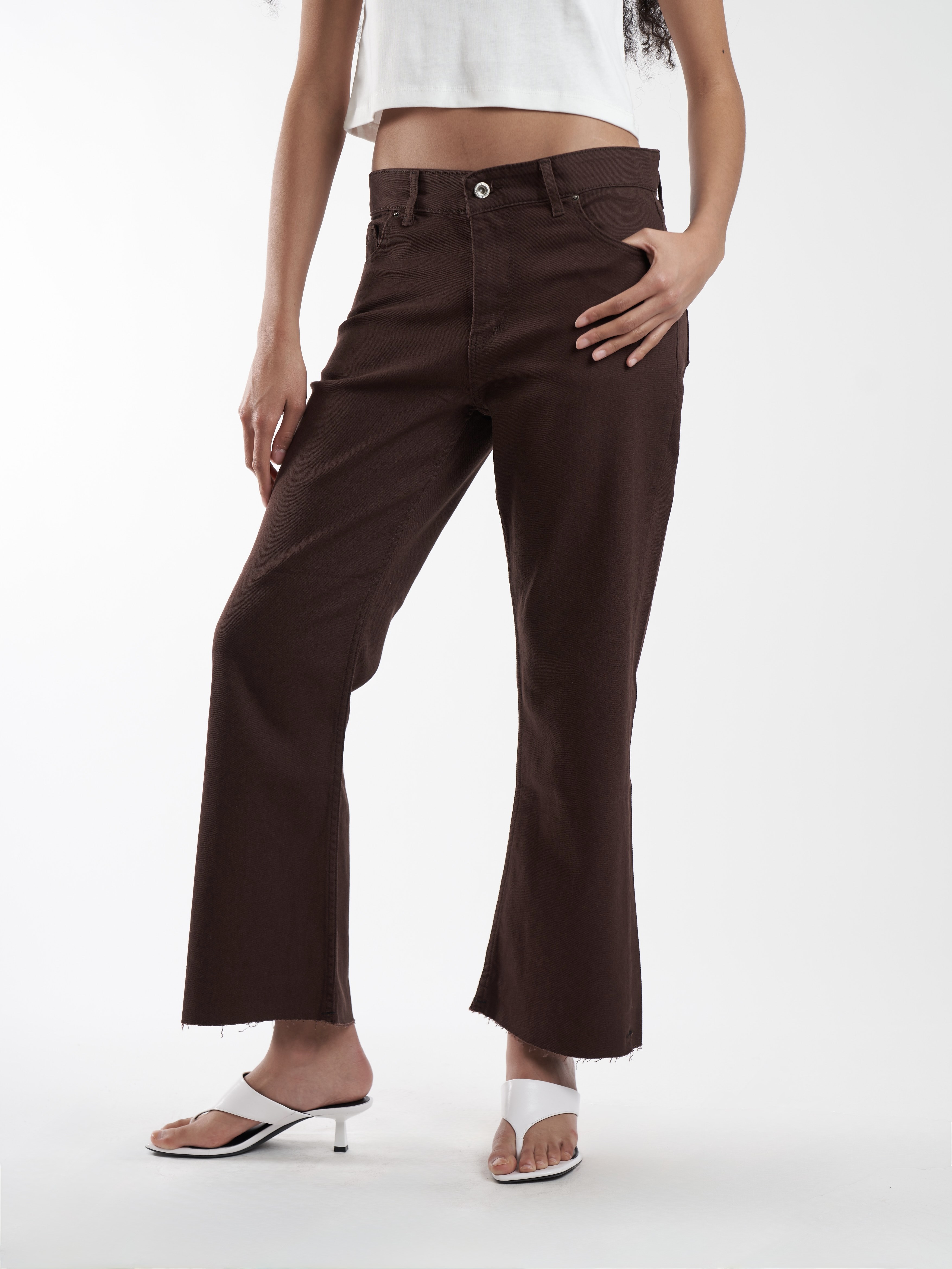 Yüksek Bel Yıkamalı Jean Pantolon Kahve