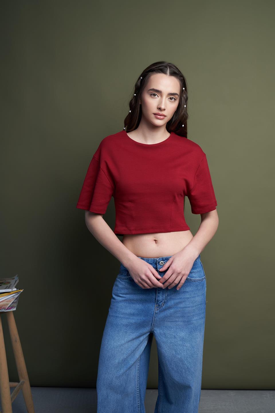 Kısa Kol Crop Model Bluz Bordo