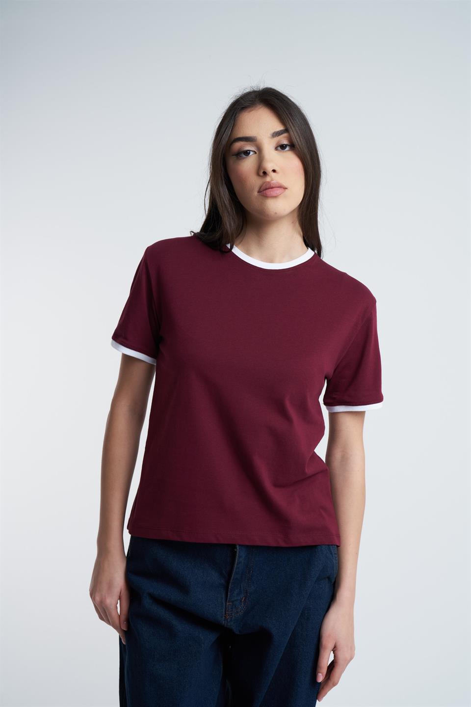 Bisiklet Yaka Kısa Kol T-Shirt Bordo