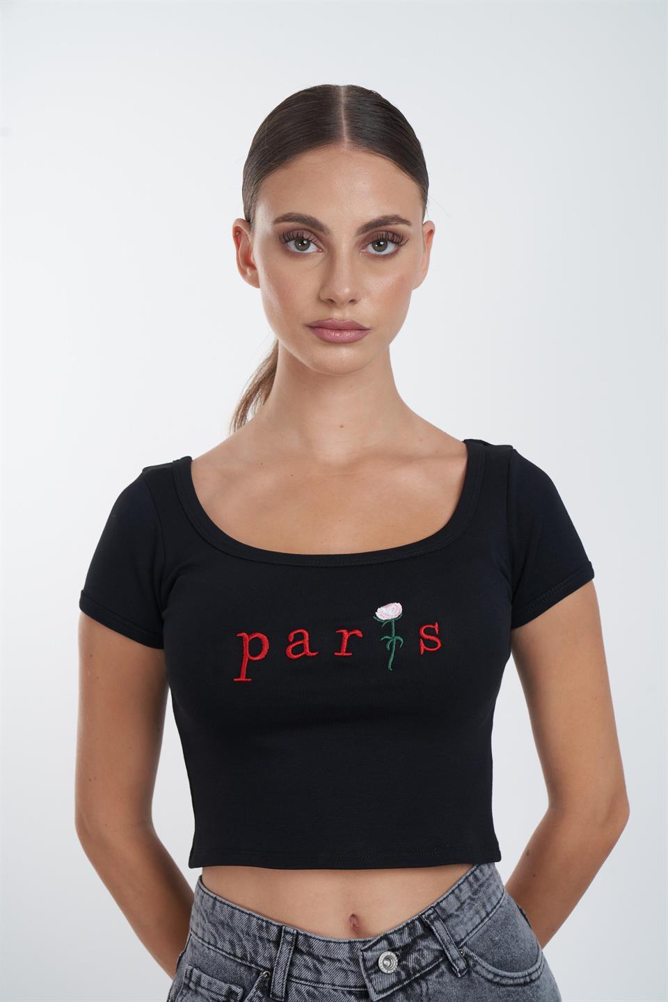 Paris Nakış Baskılı Kısa T-shirt Siyah