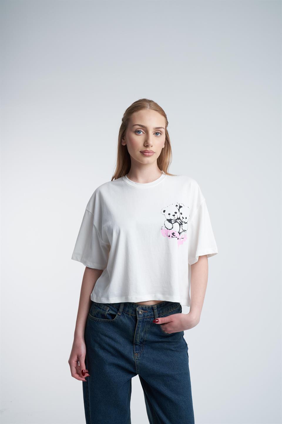 Ayıcık Baskılı Crop Kısa Kol T-shirt Ekru