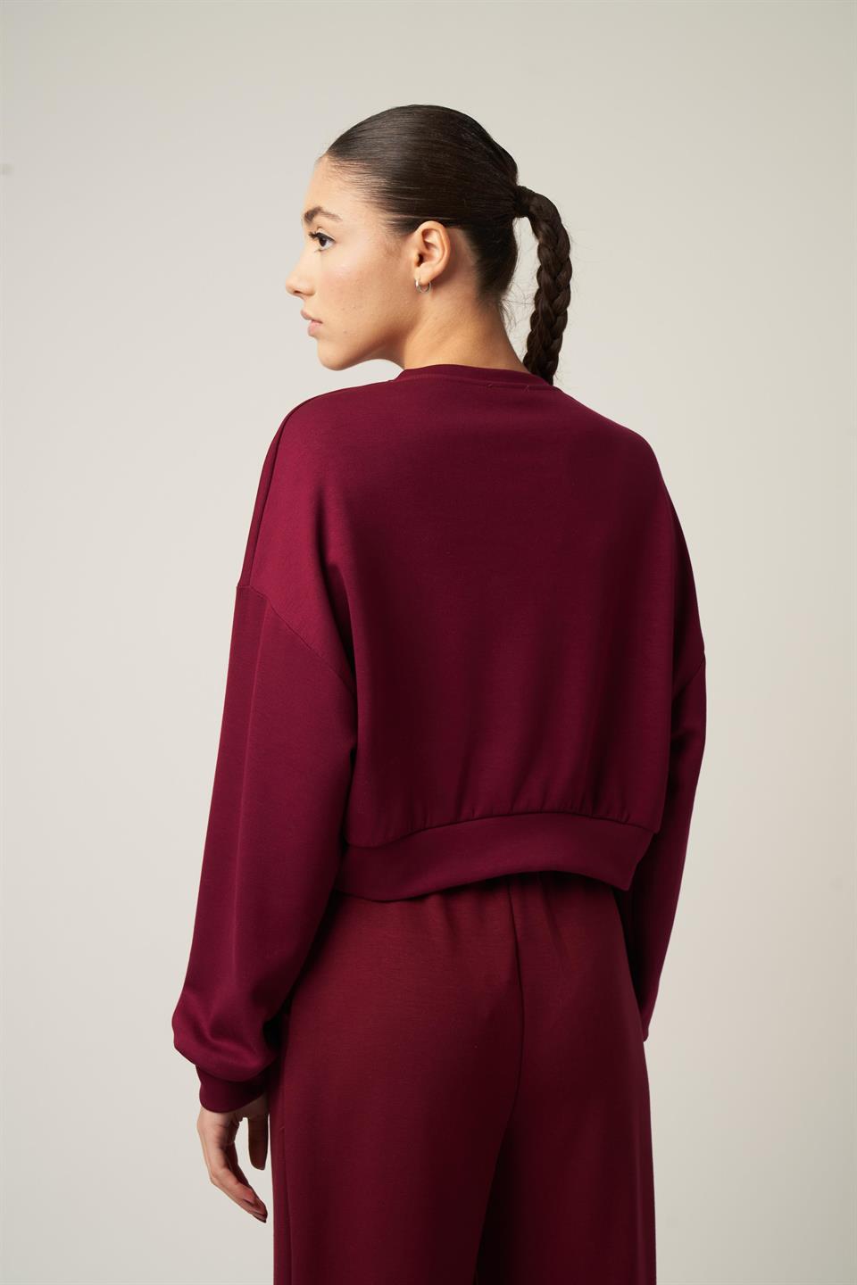 Basic Kısa Sweatshirt Bordo