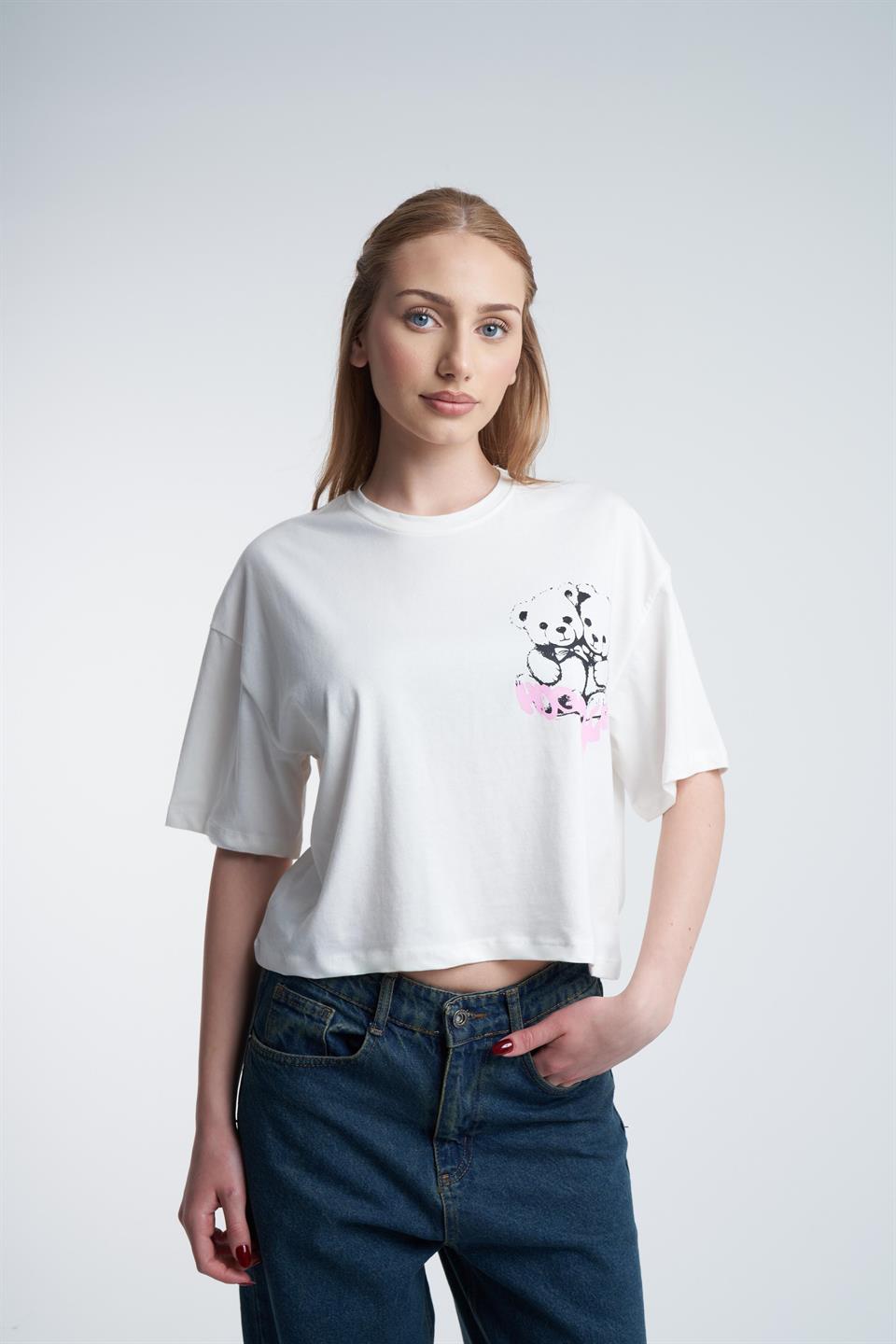 Ayıcık Baskılı Crop Kısa Kol T-shirt Ekru