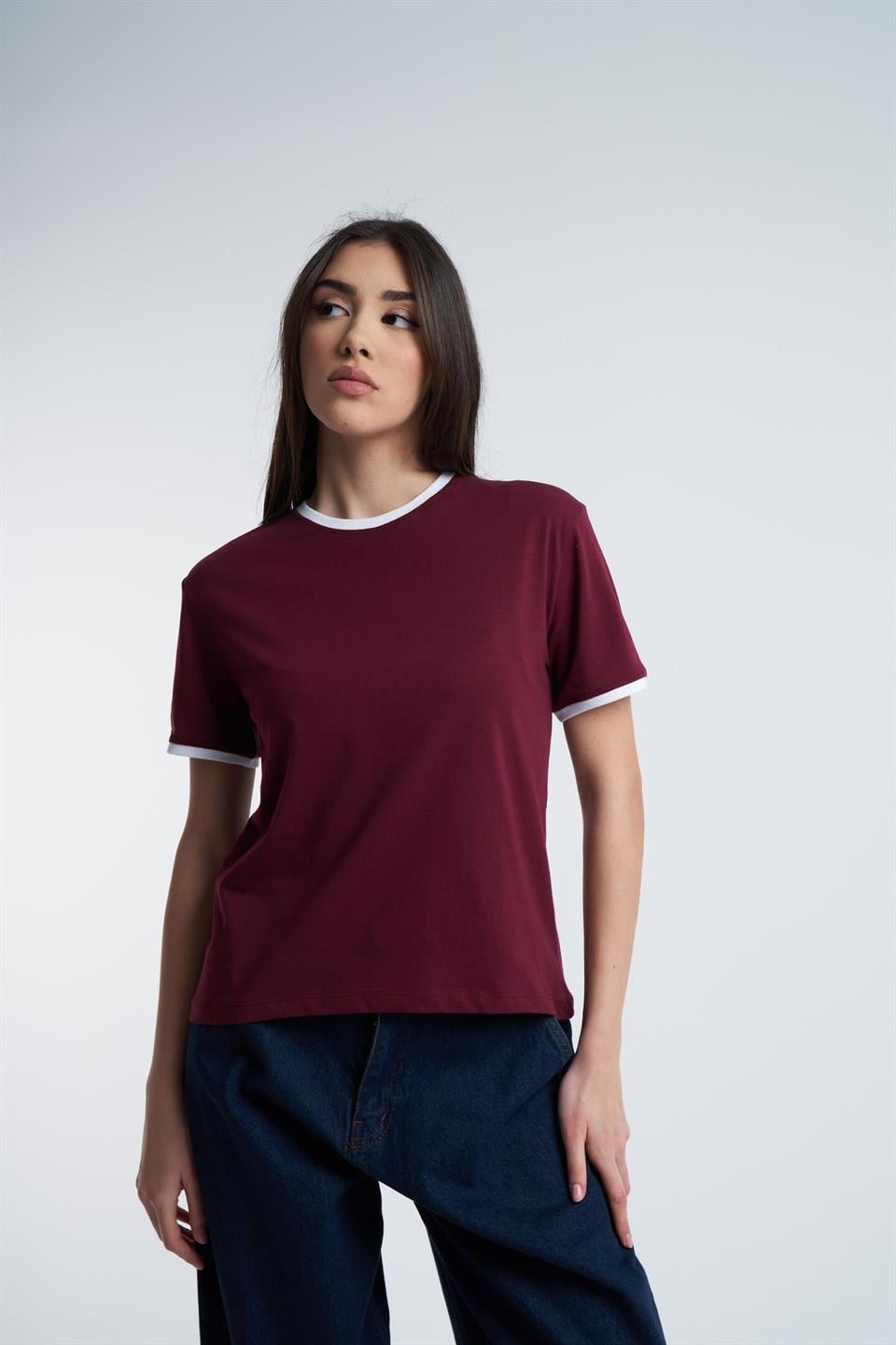 Bisiklet Yaka Kısa Kol T-Shirt Bordo