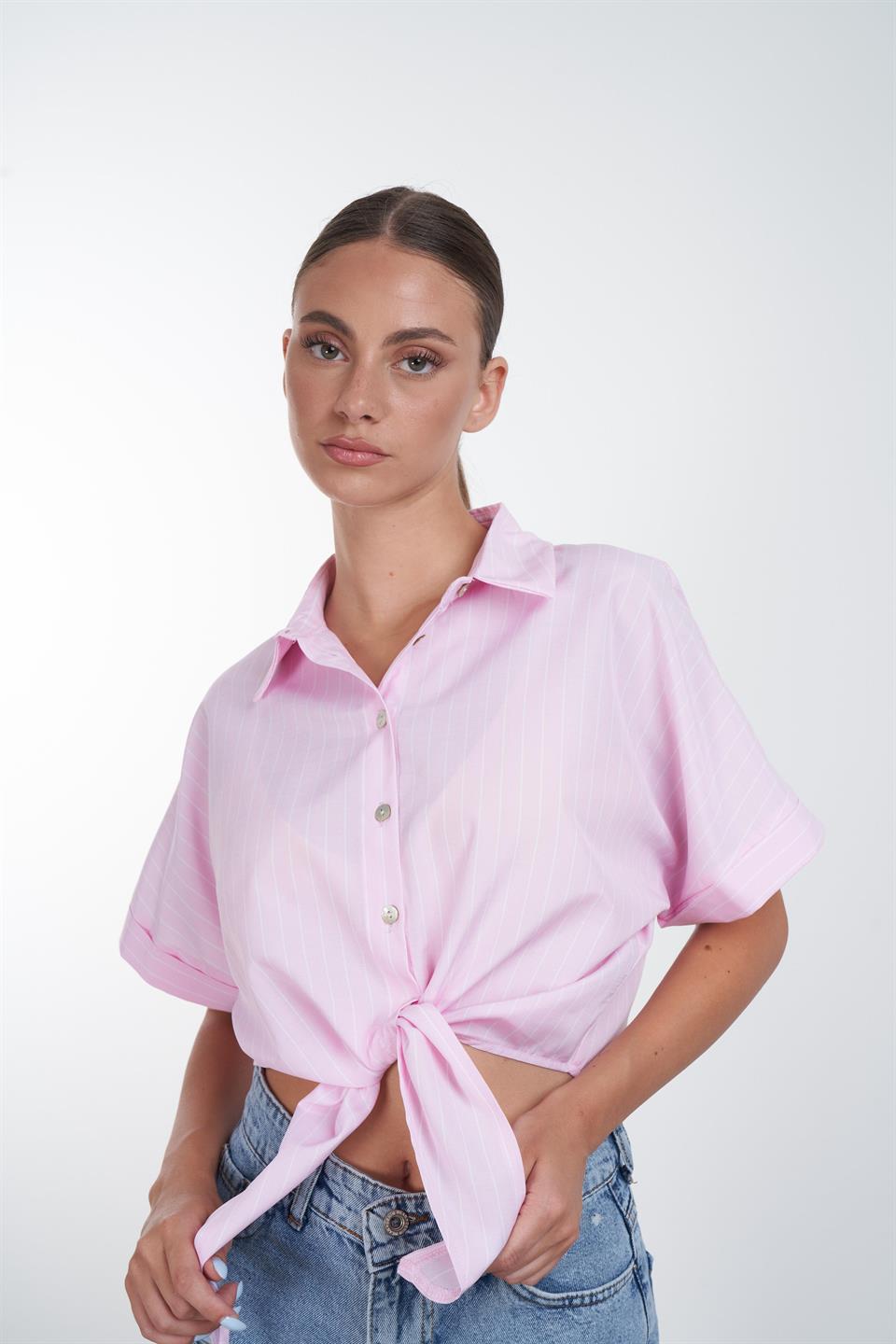 Bağlama Detaylı Çizgili Gömlek Pembe-Beyaz