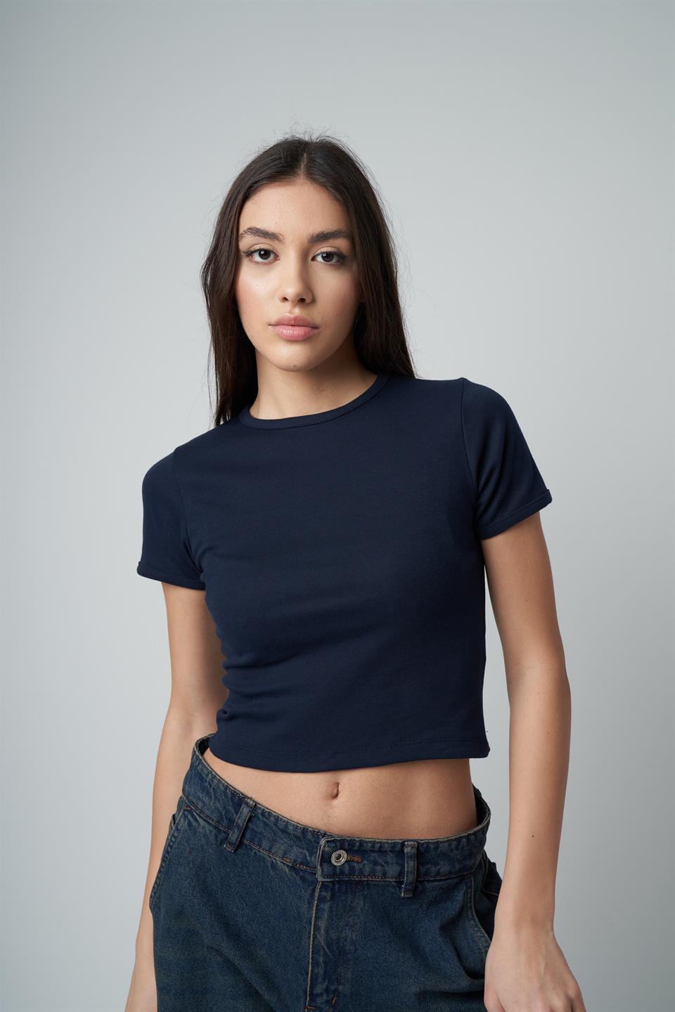 Basic Kısa Kol Ribana Bluz Lacivert