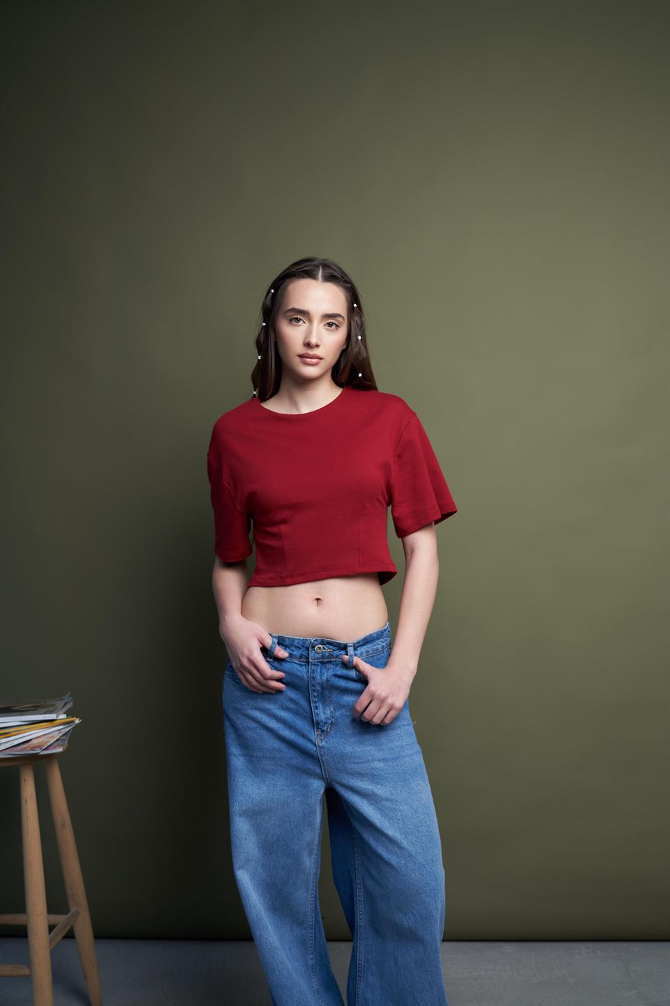 Kısa Kol Crop Model Bluz Bordo