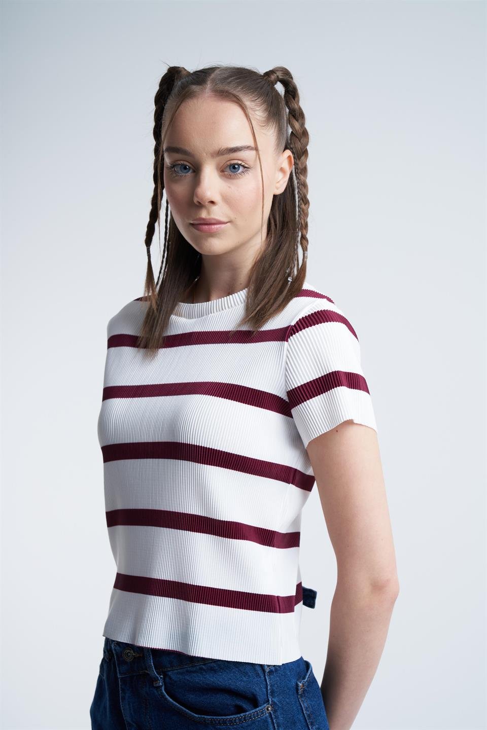 Çizgili Plise Bluz Bordo-Ekru