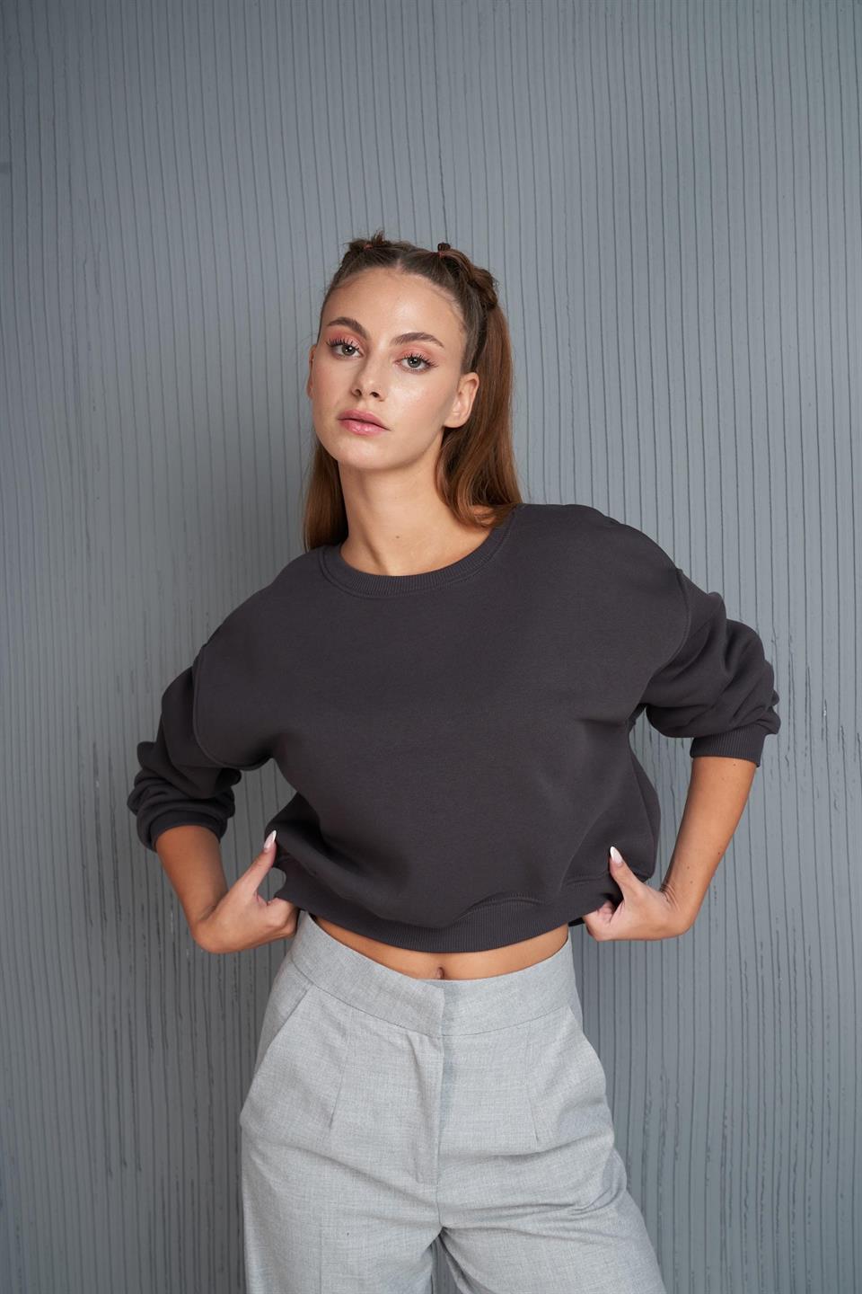 Basic Kısa Sweatshirt Antrasit