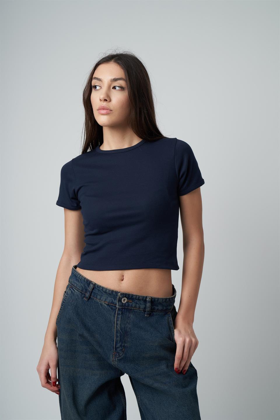 Basic Kısa Kol Ribana Bluz Lacivert