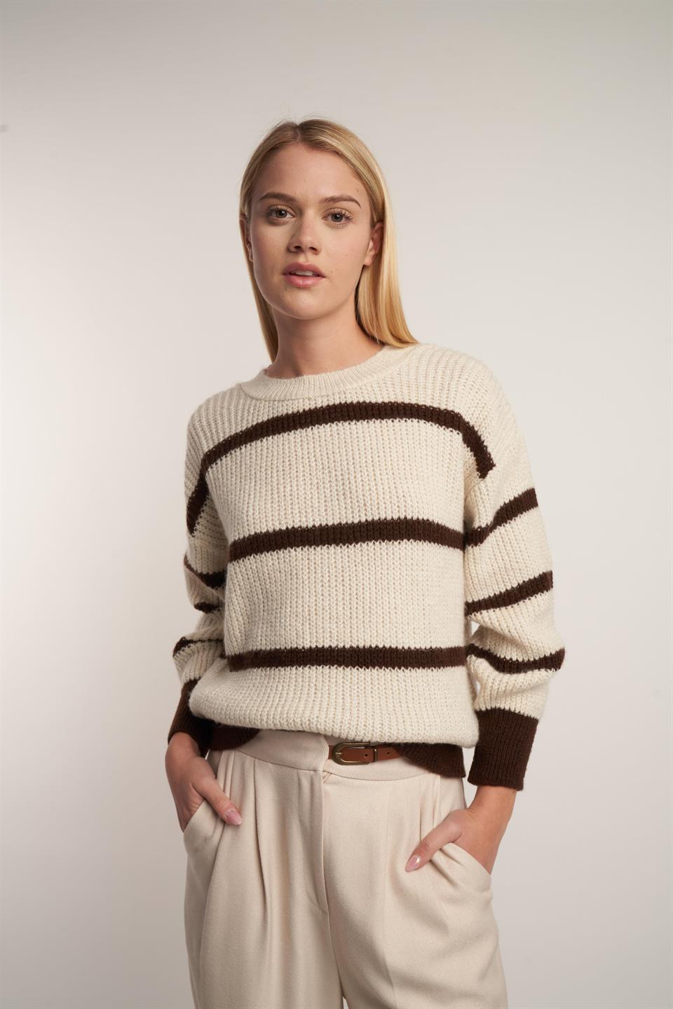 Çizgili Triko Kazak Tarçın-Taş