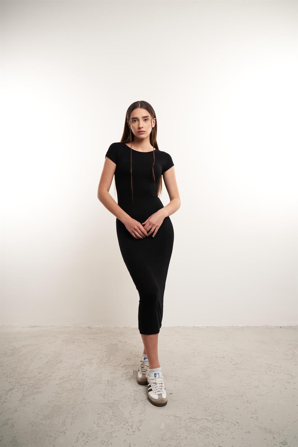 Bisiklet Yaka Uzun Elbise Siyah