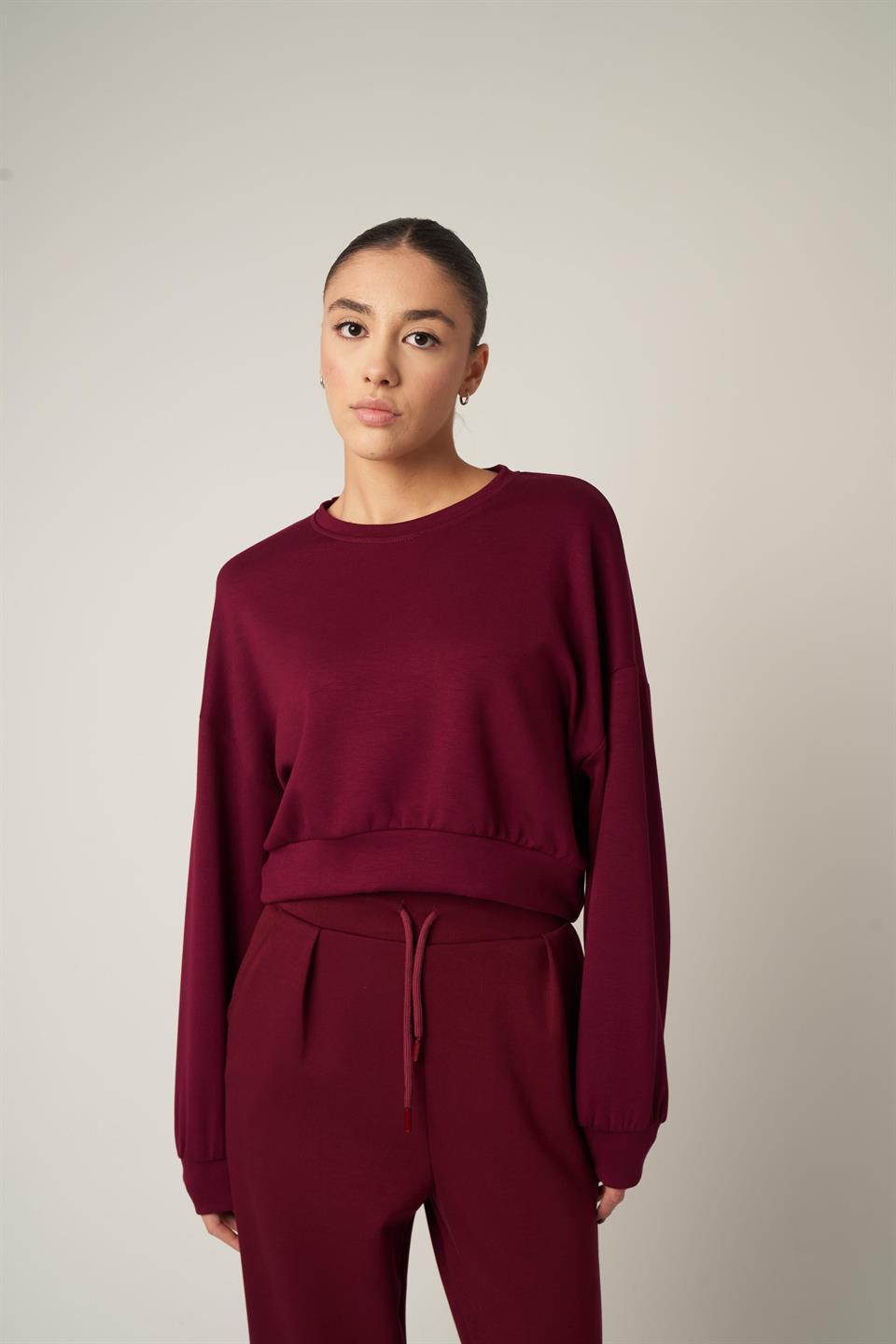 Basic Kısa Sweatshirt Bordo