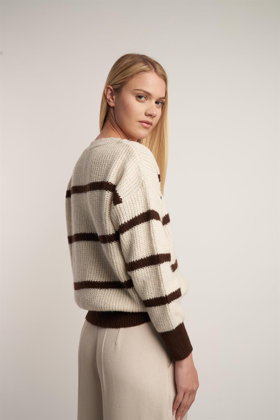 Çizgili Triko Kazak Tarçın-Taş