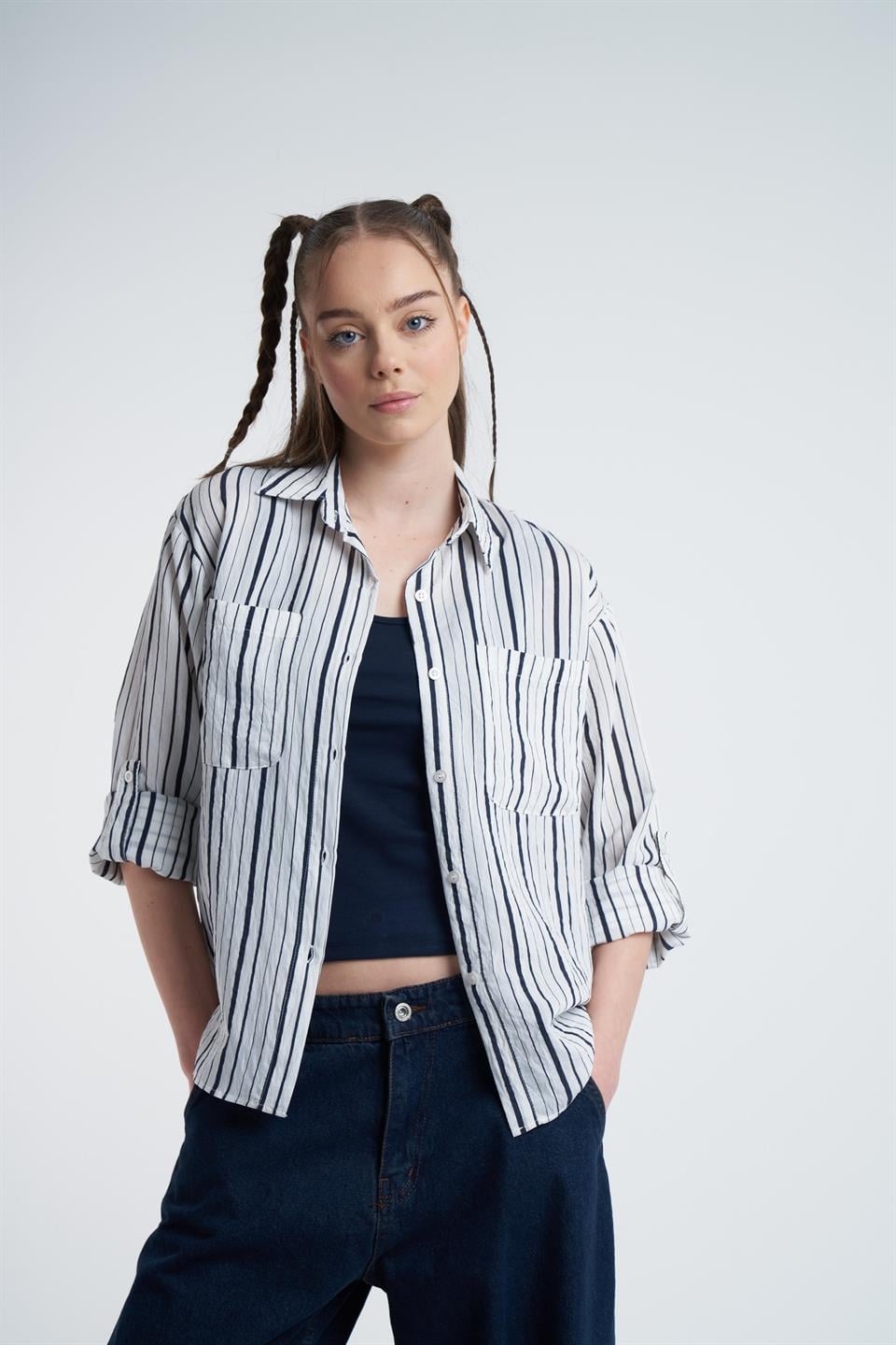 Çizgili Uzun Kol Gömlek Ekru-Laci
