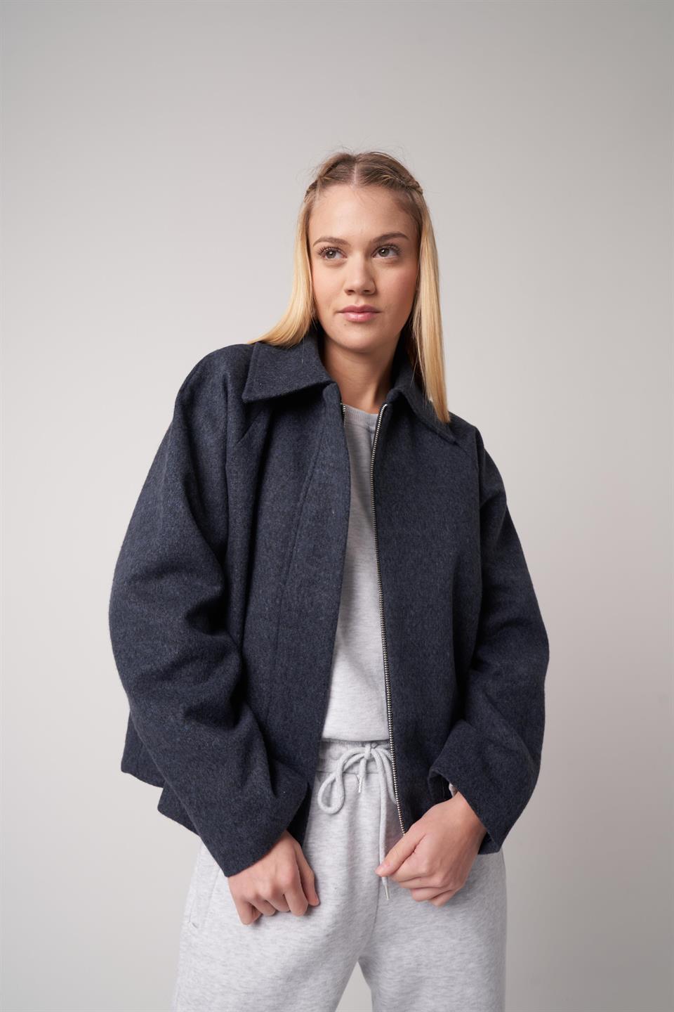 Yakalı Kaşe Ceket Lacivert