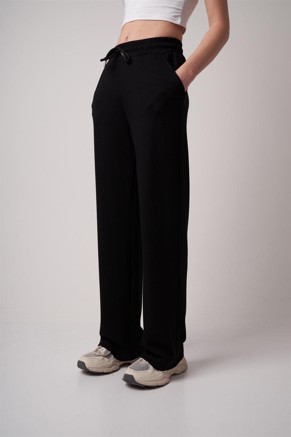 Bel Lastik Bol Paça Modal Pantolon Siyah