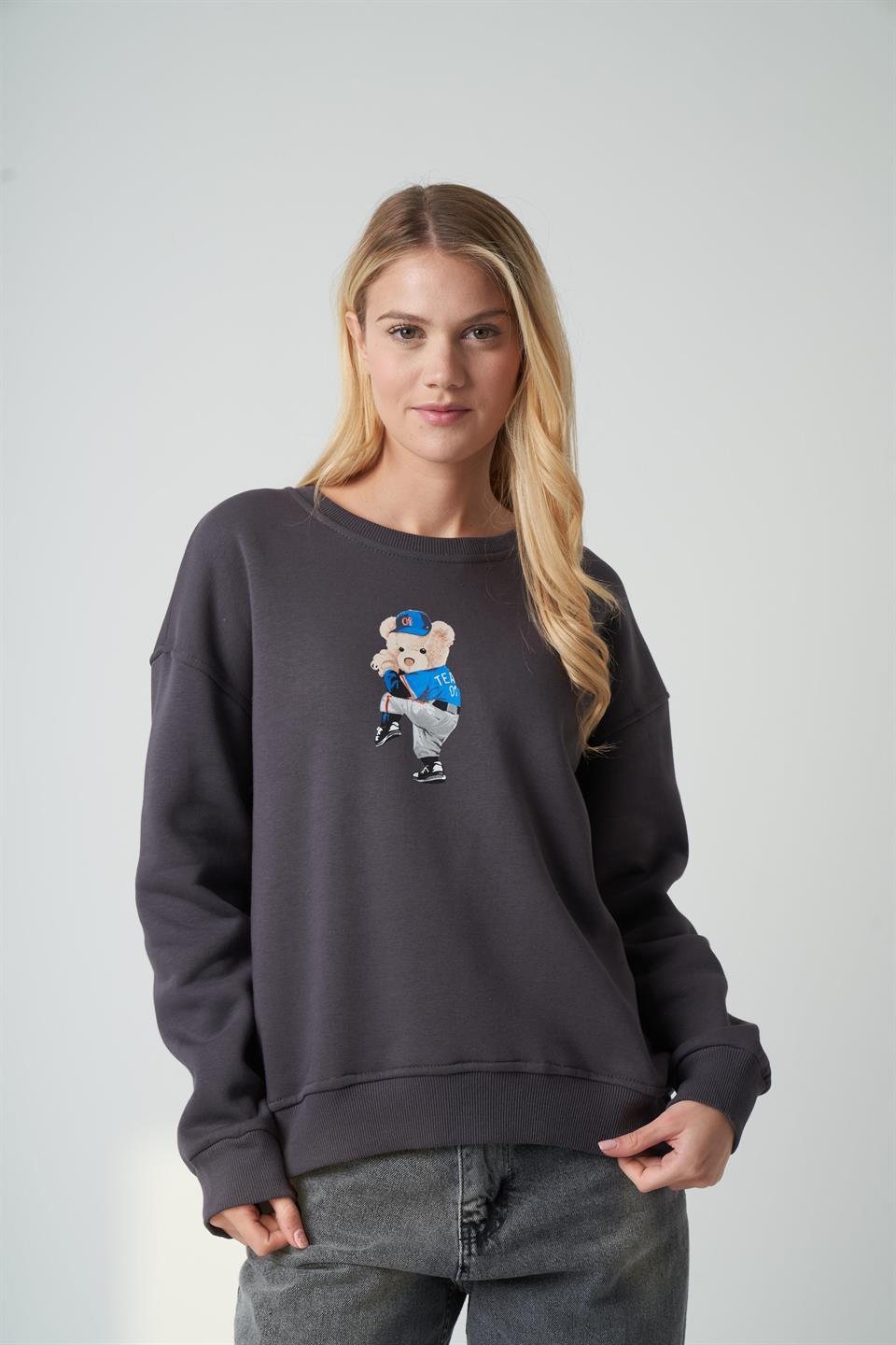 Ayıcık Baskılı Sweatshirt Antrasit