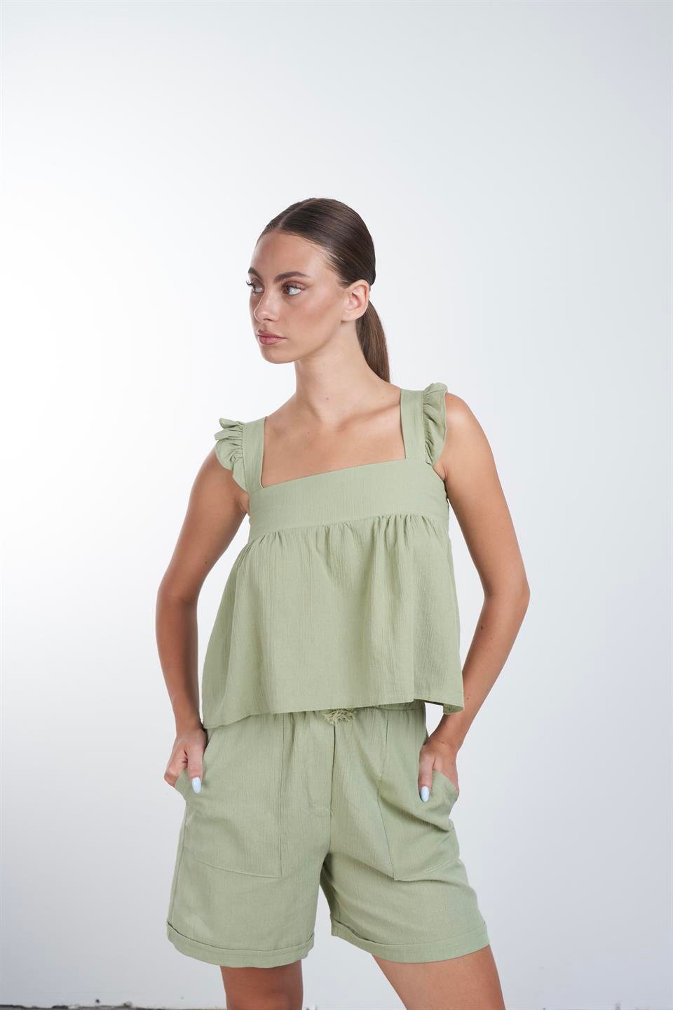 Bel Bağlama Detaylı Şort Haki