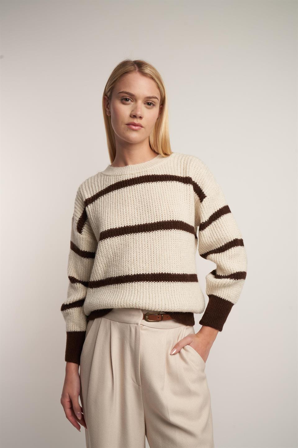 Çizgili Triko Kazak Tarçın-Taş