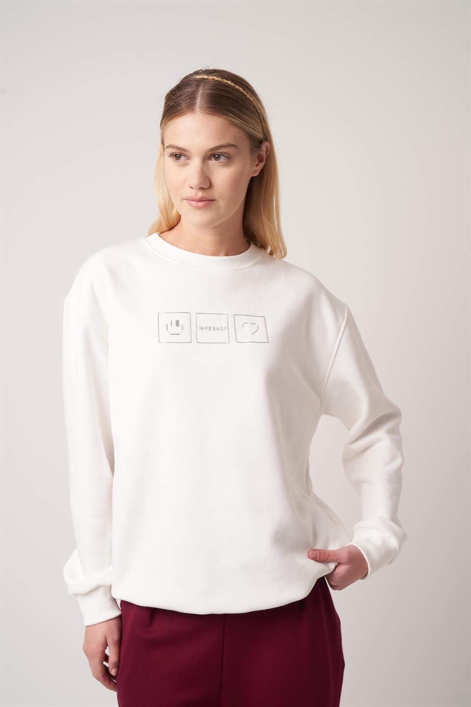 Baskılı Sweatshirt Ekru