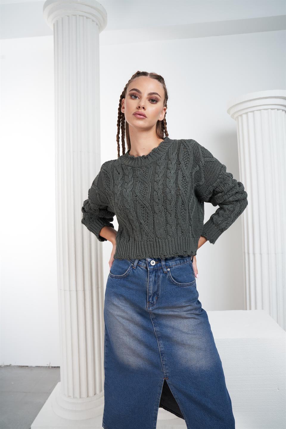 Örgü Desen Kısa Triko Kazak Haki