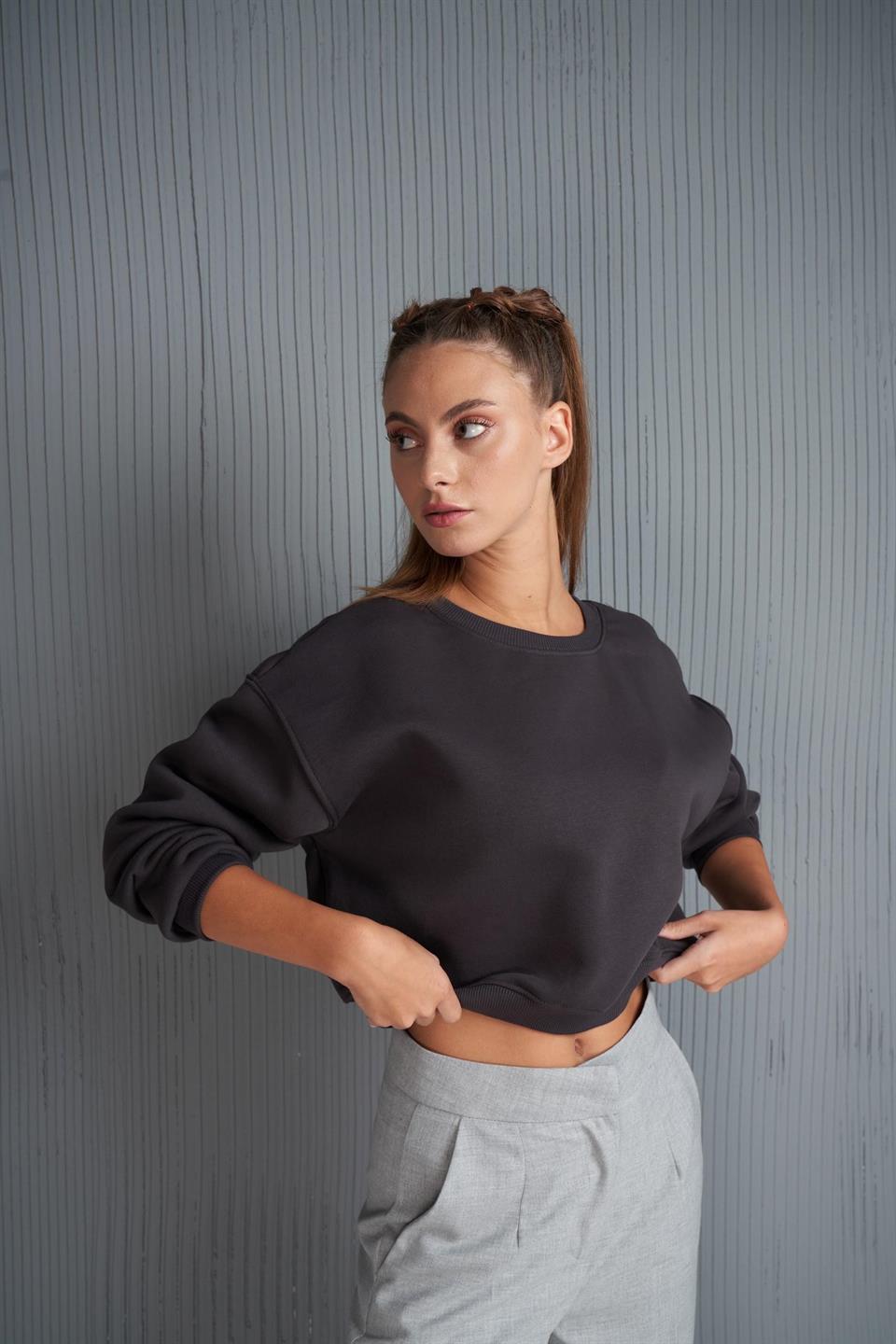 Basic Kısa Sweatshirt Antrasit