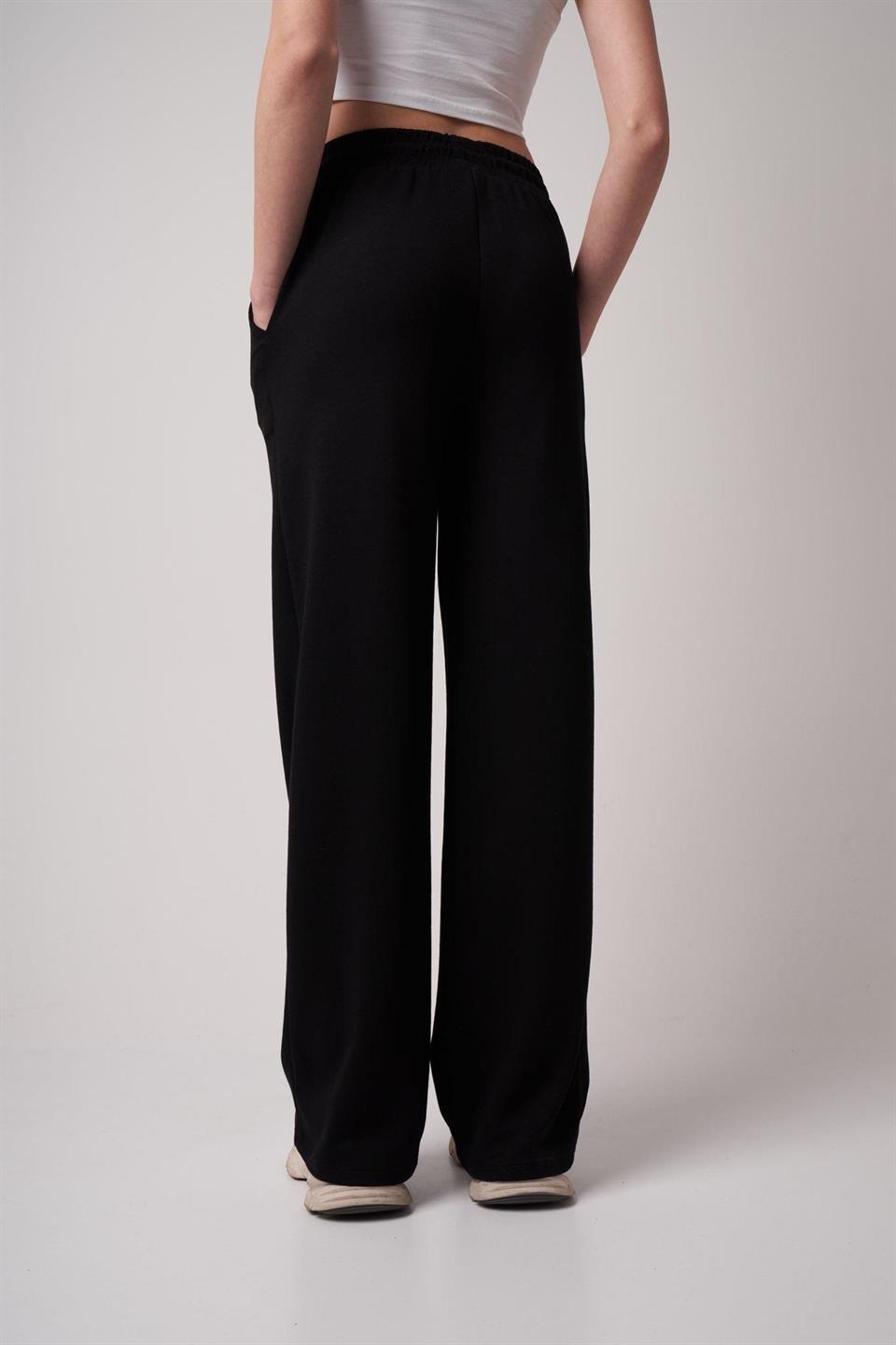 Bel Lastik Bol Paça Modal Pantolon Siyah