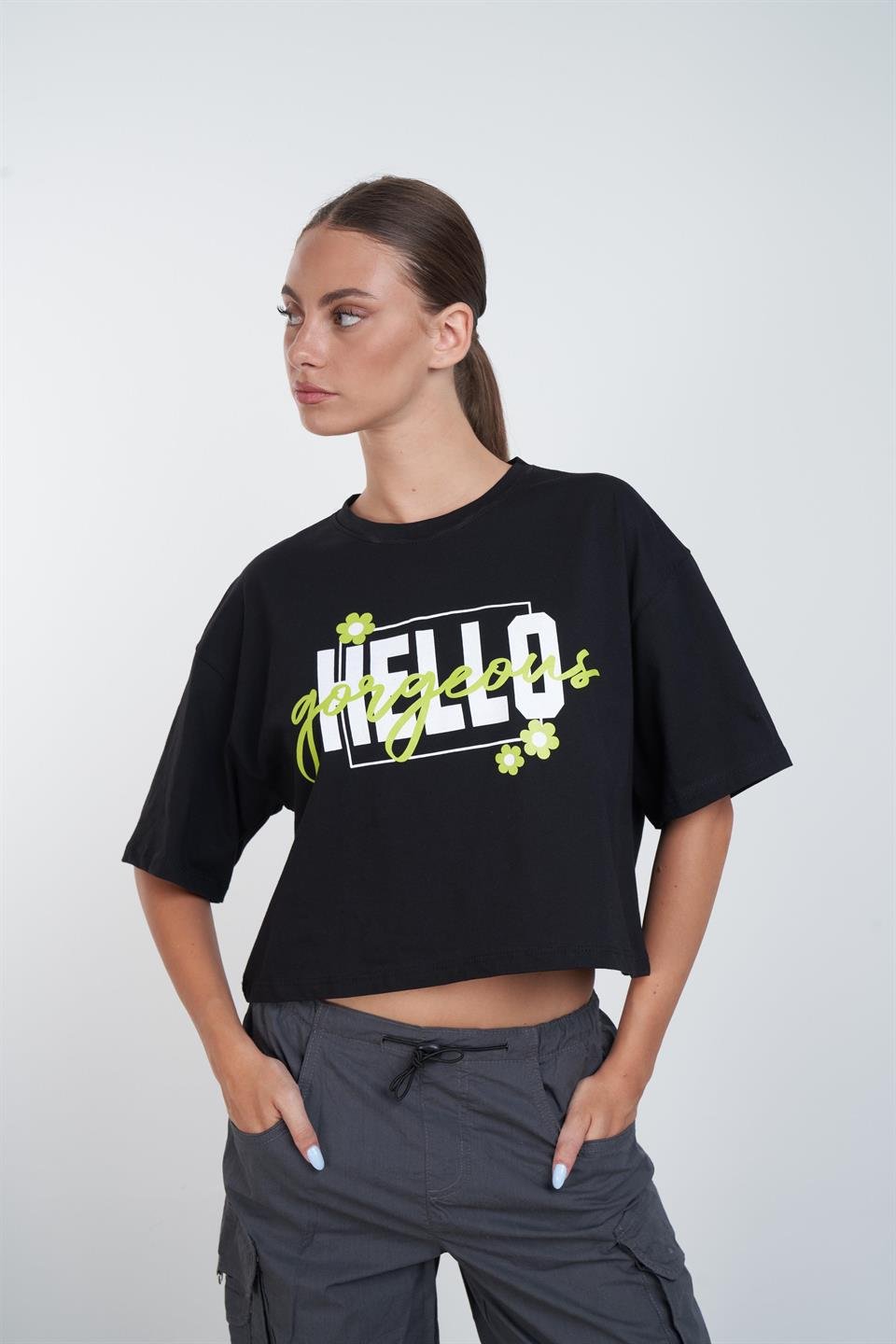 Hello Baskılı Kısa T-shirt Siyah