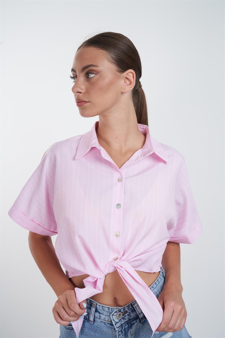 Bağlama Detaylı Çizgili Gömlek Pembe-Beyaz