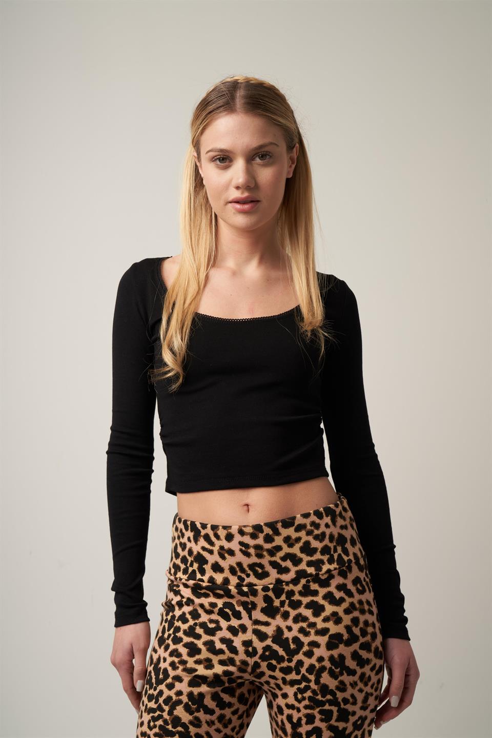 Yanlar Büzgülü Crop Uzun Kol Bluz Siyah