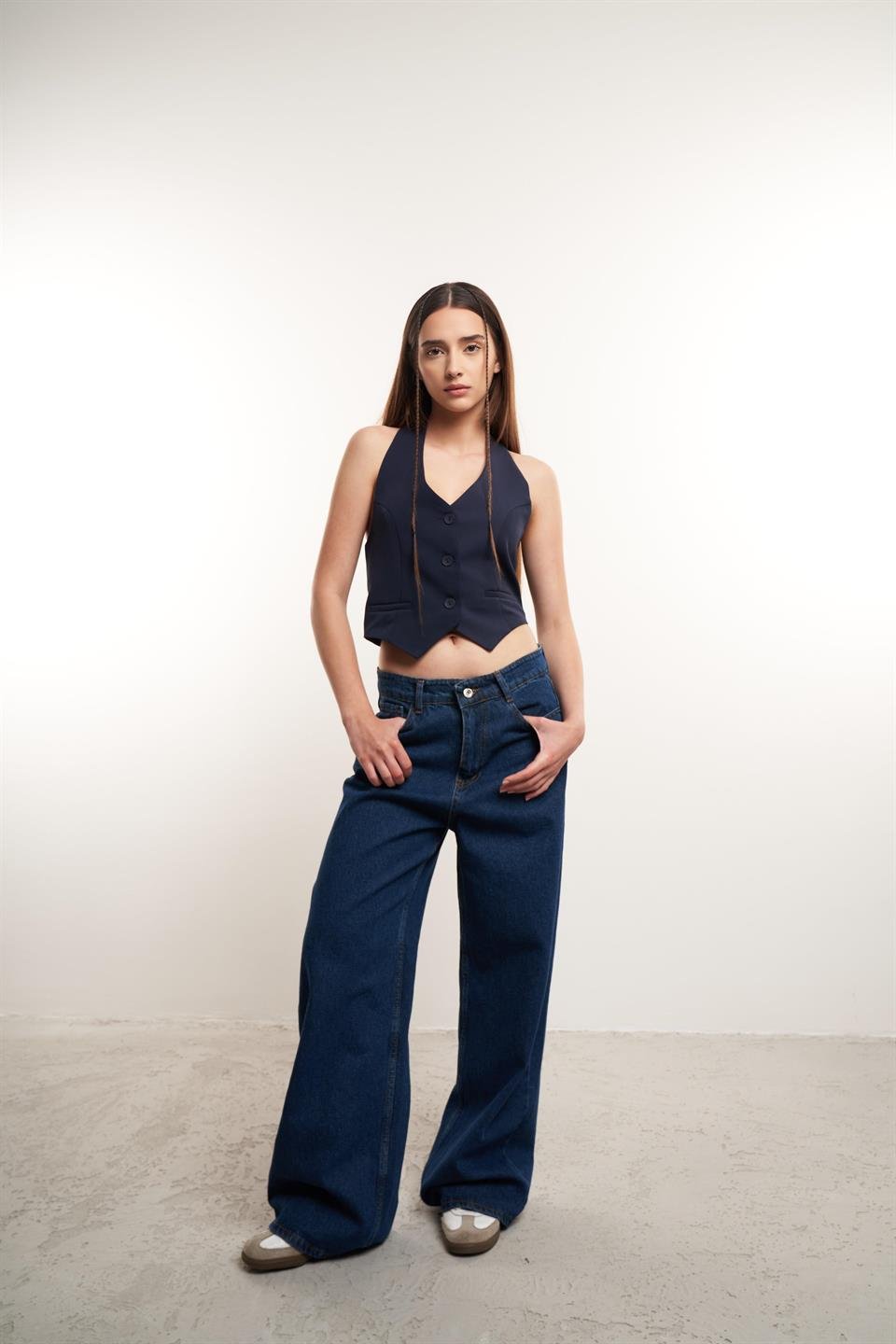 Sırt Dekolte Detaylı Yelek Lacivert