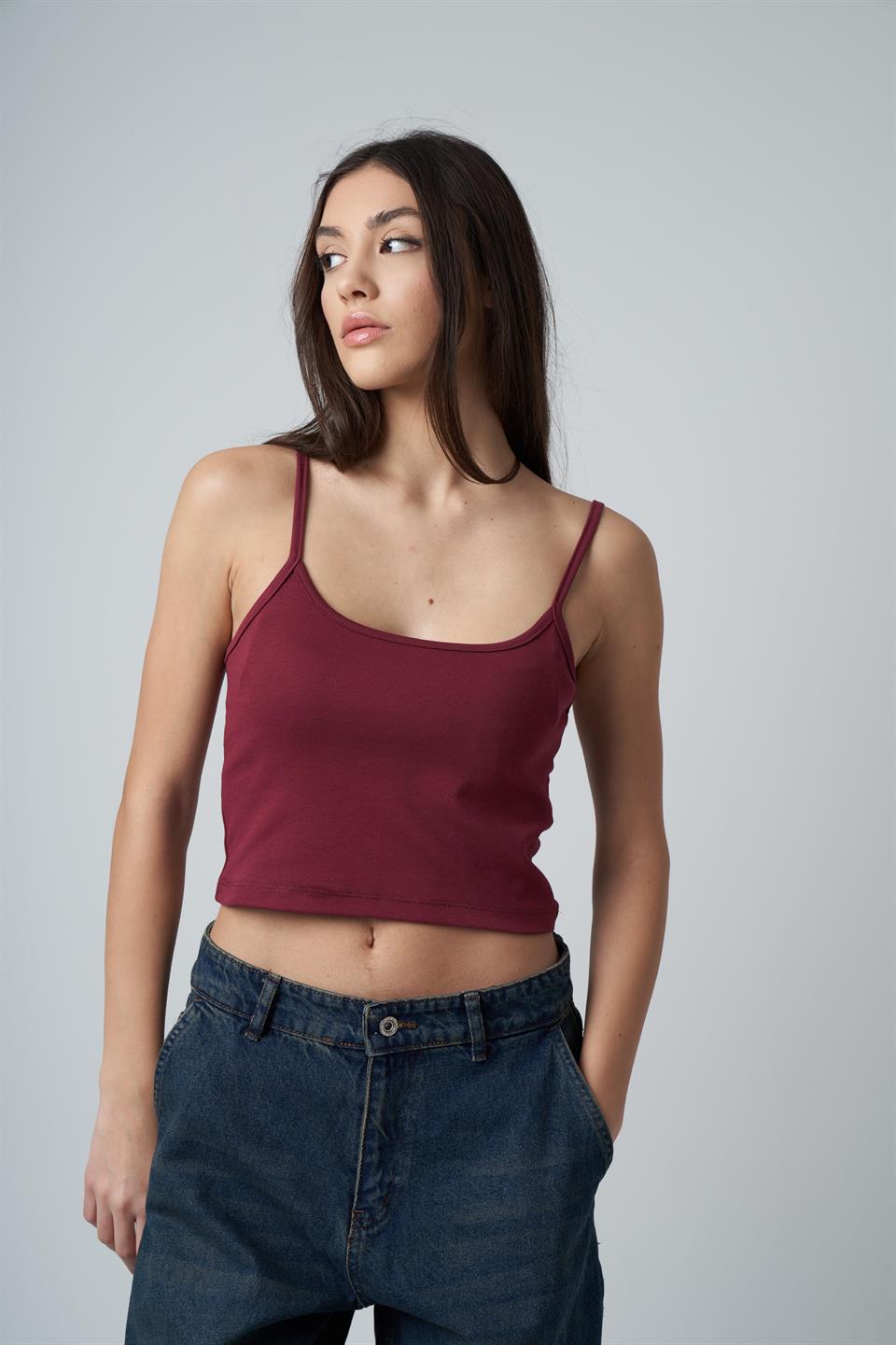 Askılı Basic Ribana Kumaş Kısa Bluz Bordo