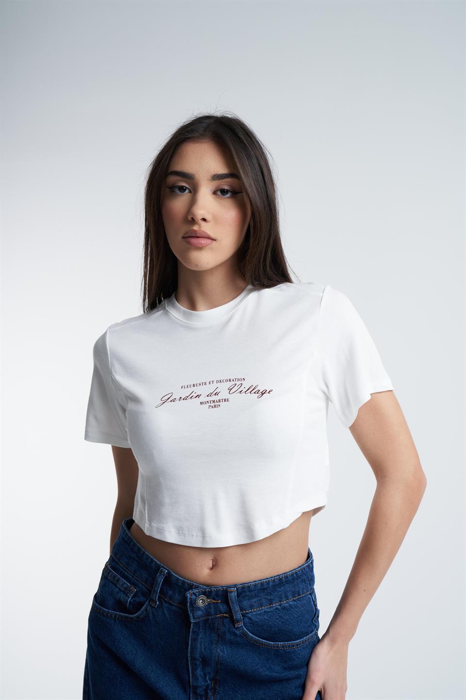 Kısa Kol Crop Bluz Ekru