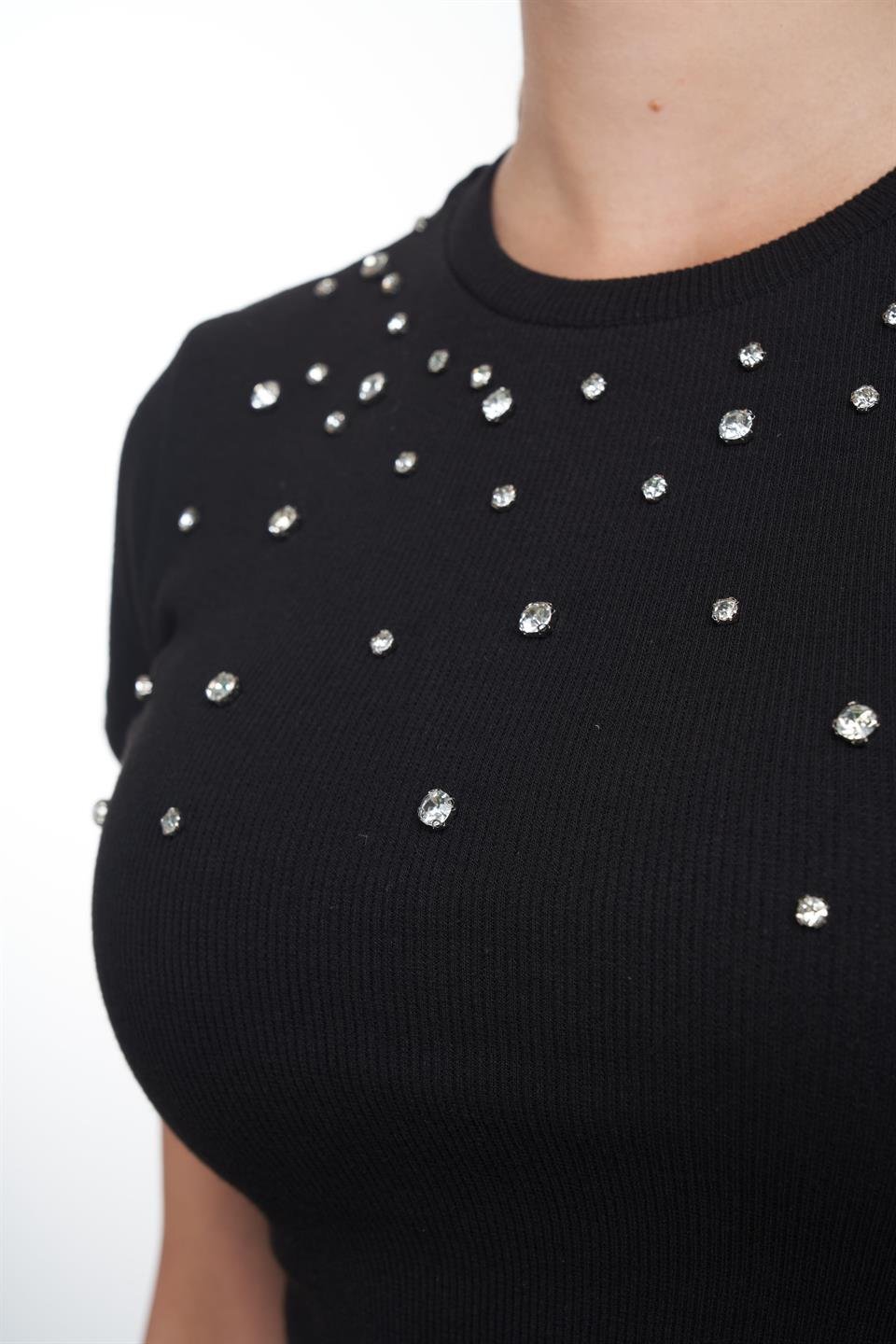 Taş Detaylı Kısa Bluz Siyah