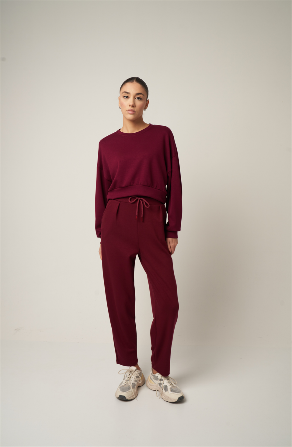 Basic Kısa Sweatshirt Bordo