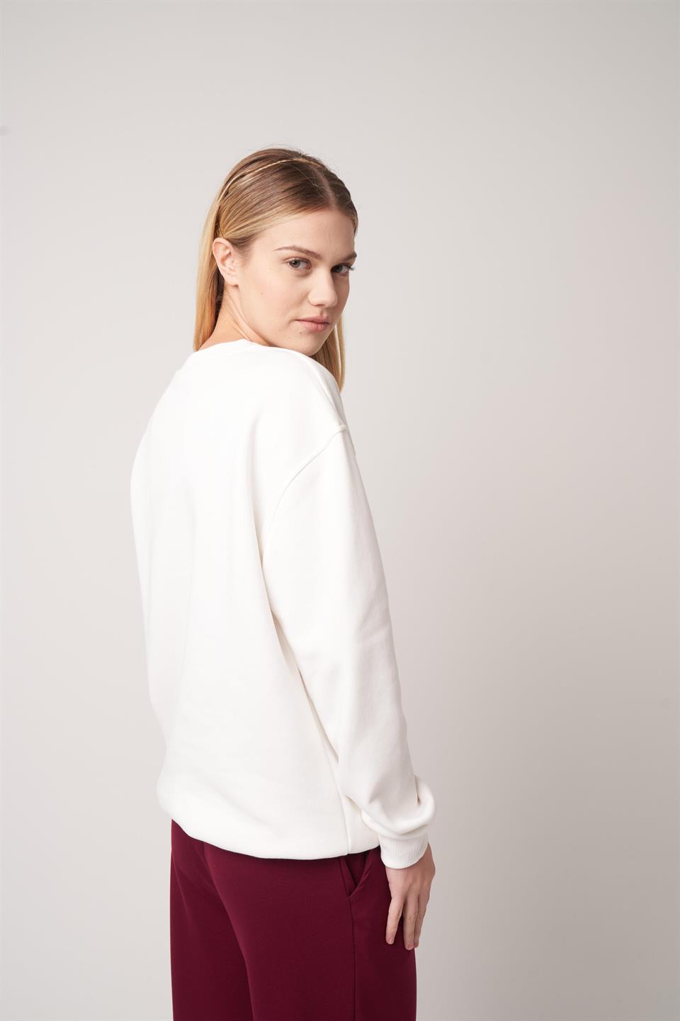 Baskılı Sweatshirt Ekru