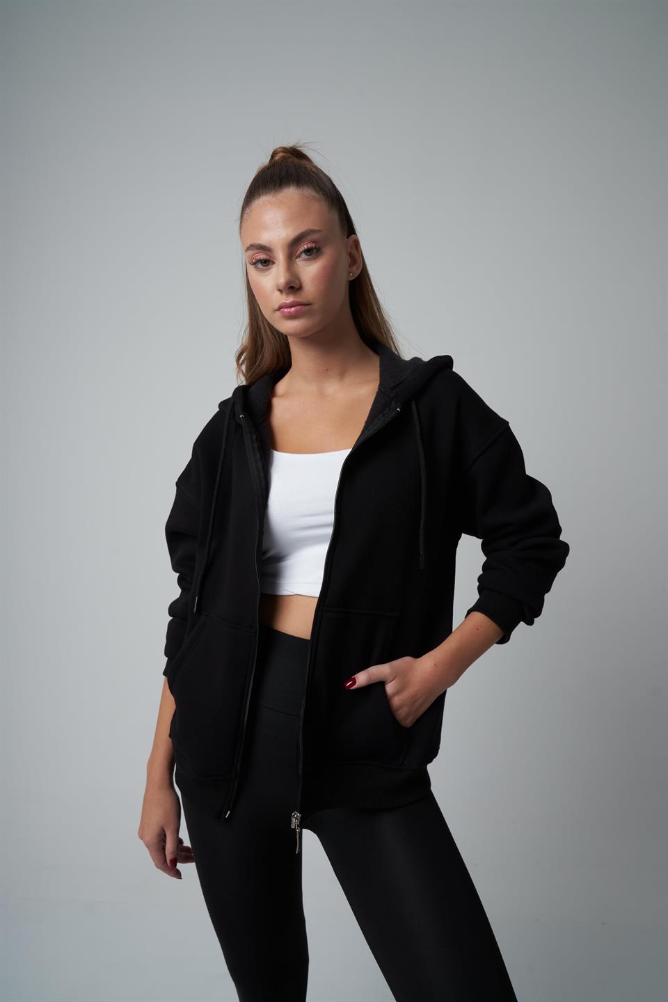 Kapüşonlu Sweatshirt Ceket Siyah