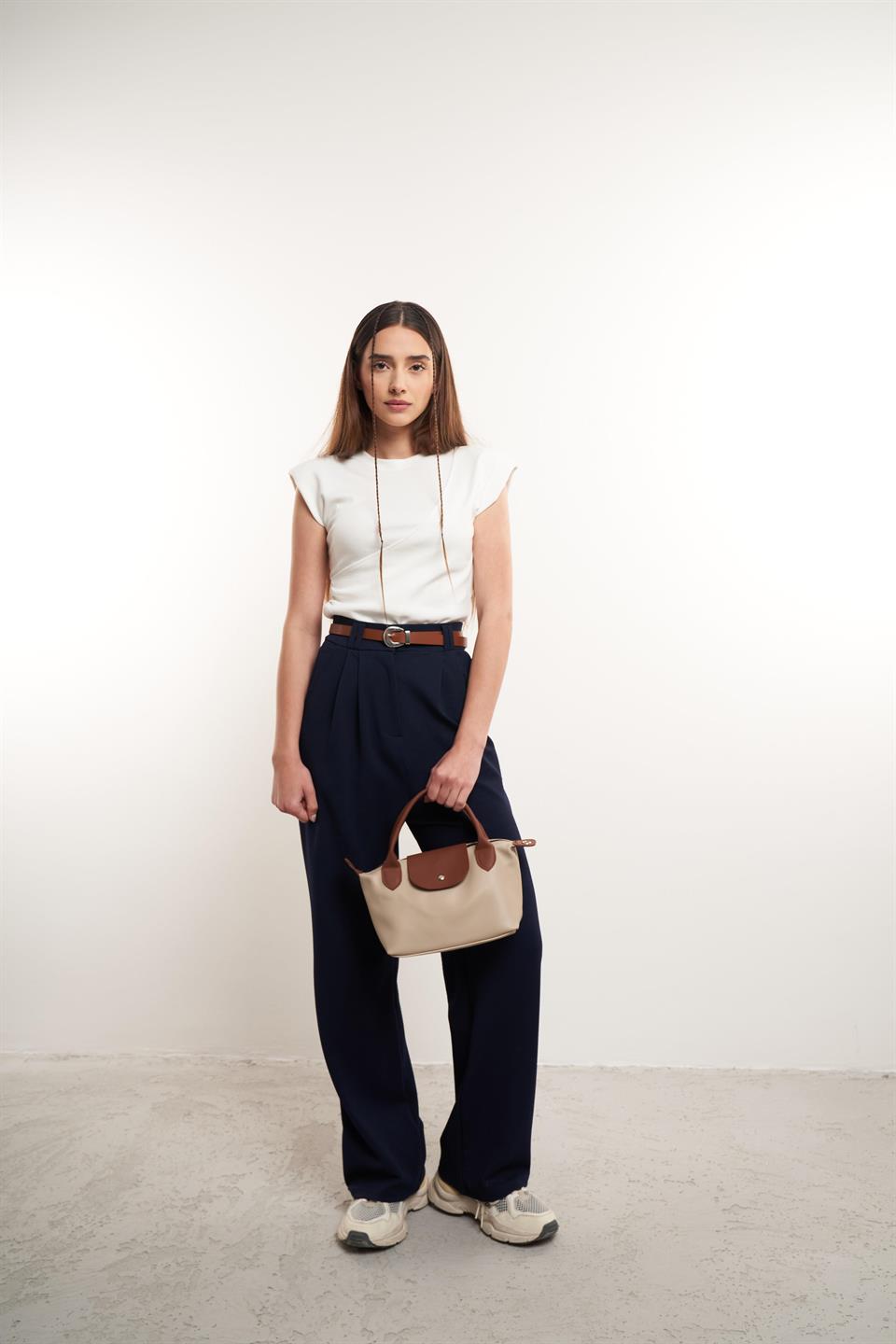 Bol Paça Krep Kumaş Pantolon Lacivert