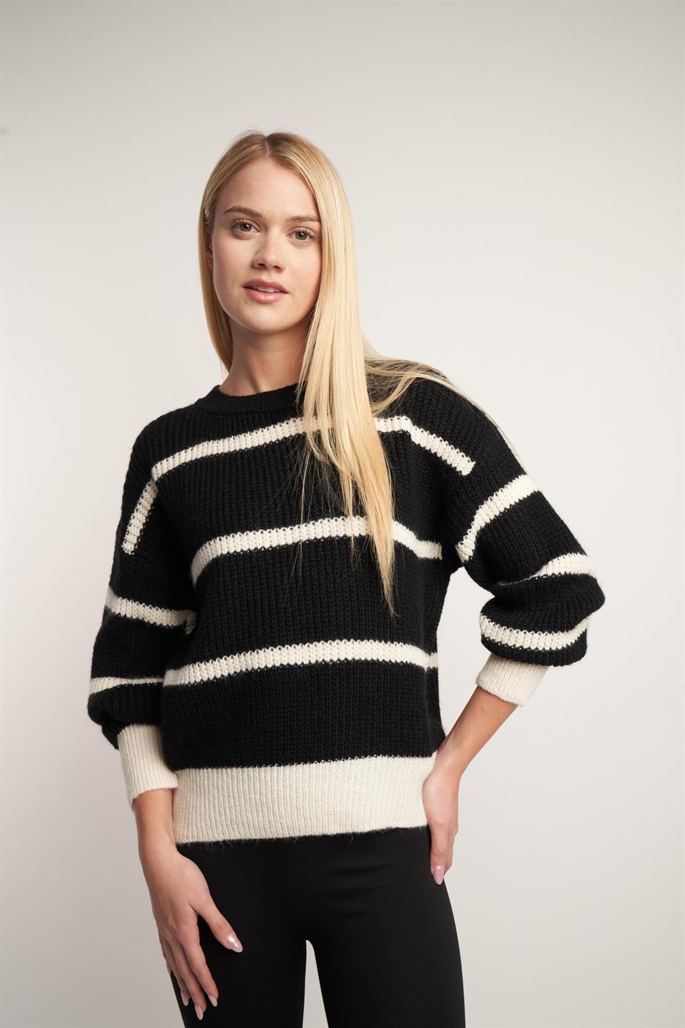 Çizgili Triko Kazak Siyah-Krem